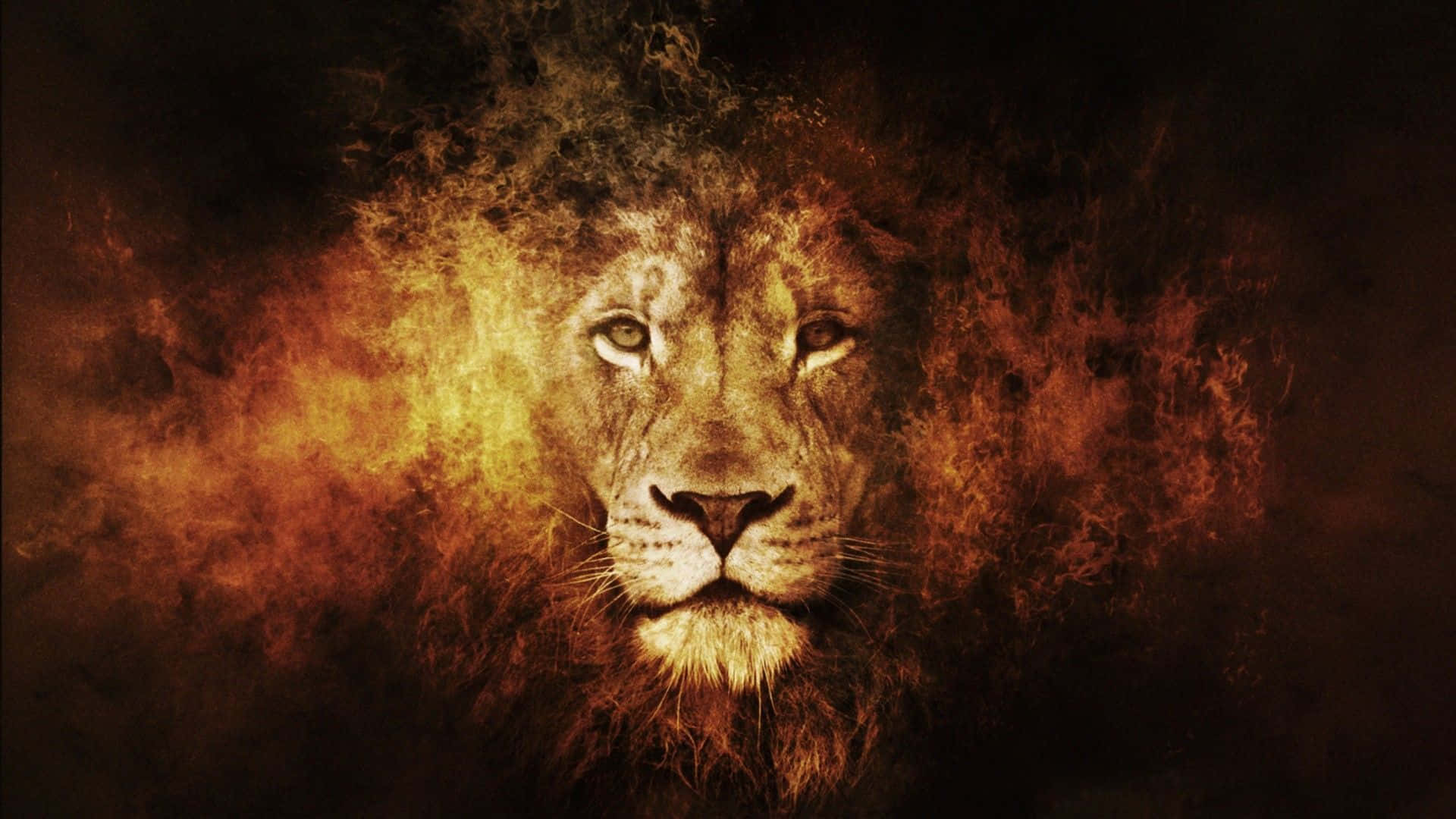 Roaring Lion 桌布 壁紙 — 一頭雄獅的臉龐從深色背景中旋轉的熾熱橙色和棕色煙霧中浮現。