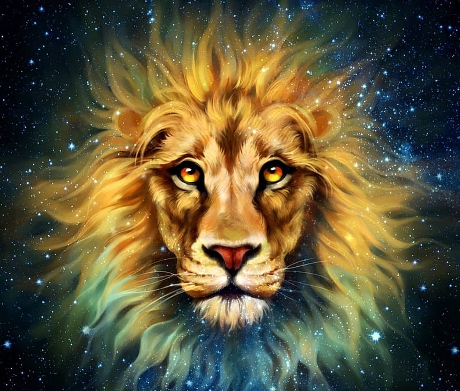 一頭擁有星空宇宙鬃毛的獅子，在繁星點點的夜空下向前凝視。 — 銀河獅子 壁紙
