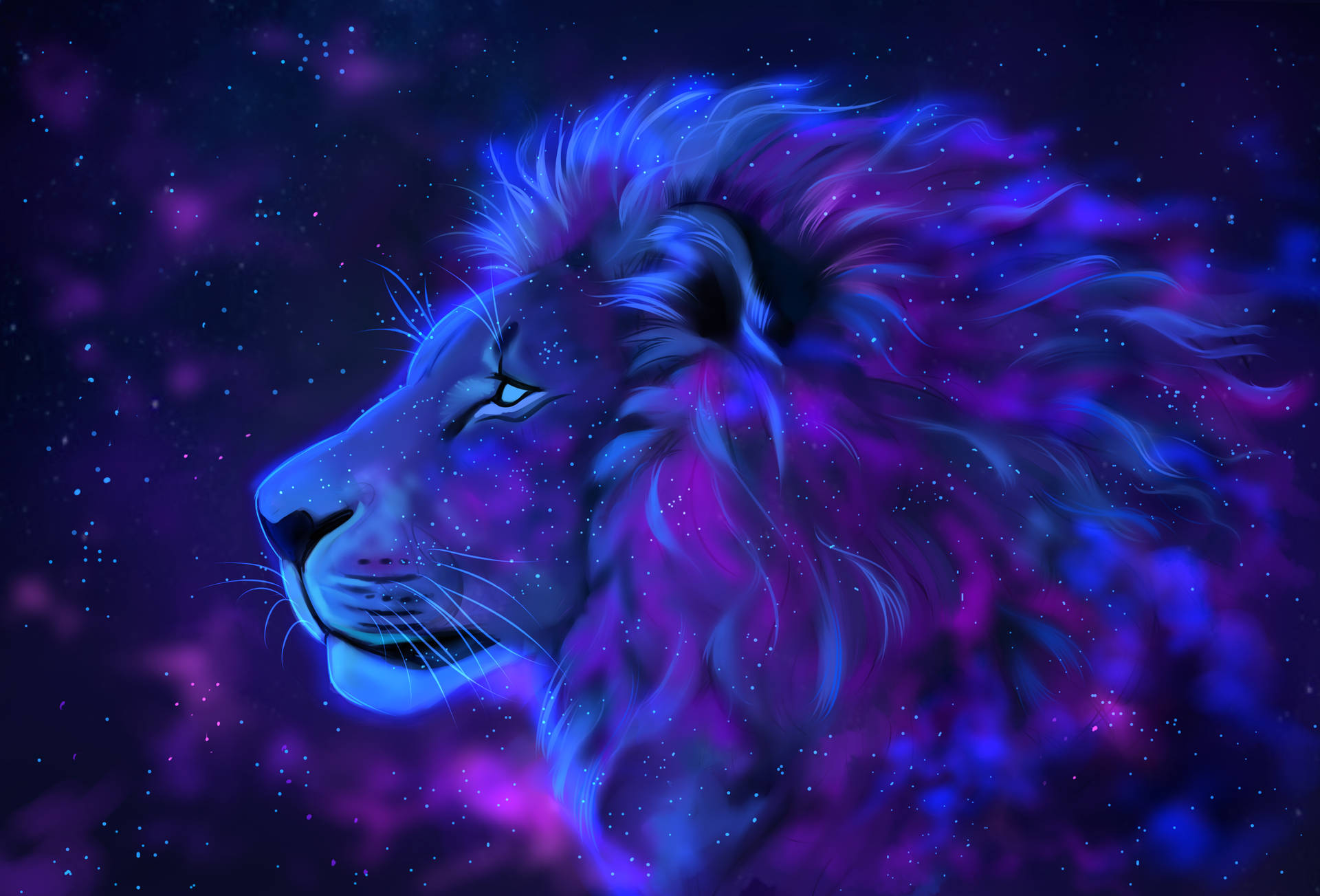  壁紙 — 一頭雄獅的頭部，鬃毛飄逸，融入充滿星星的紫色和藍色星雲中。