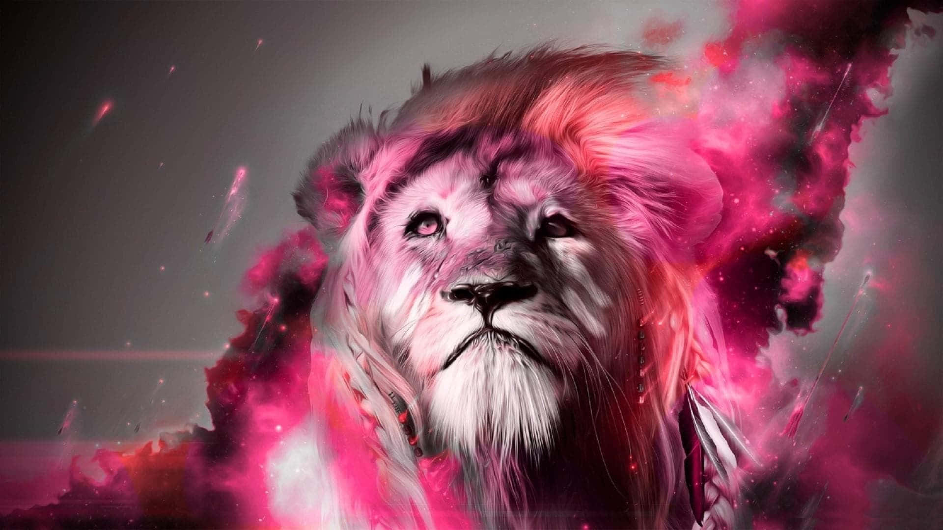 Lions 桌布 壁紙 — 一頭雄獅的頭部從充滿活力的粉紅色宇宙能量中浮現，背景為深灰色。