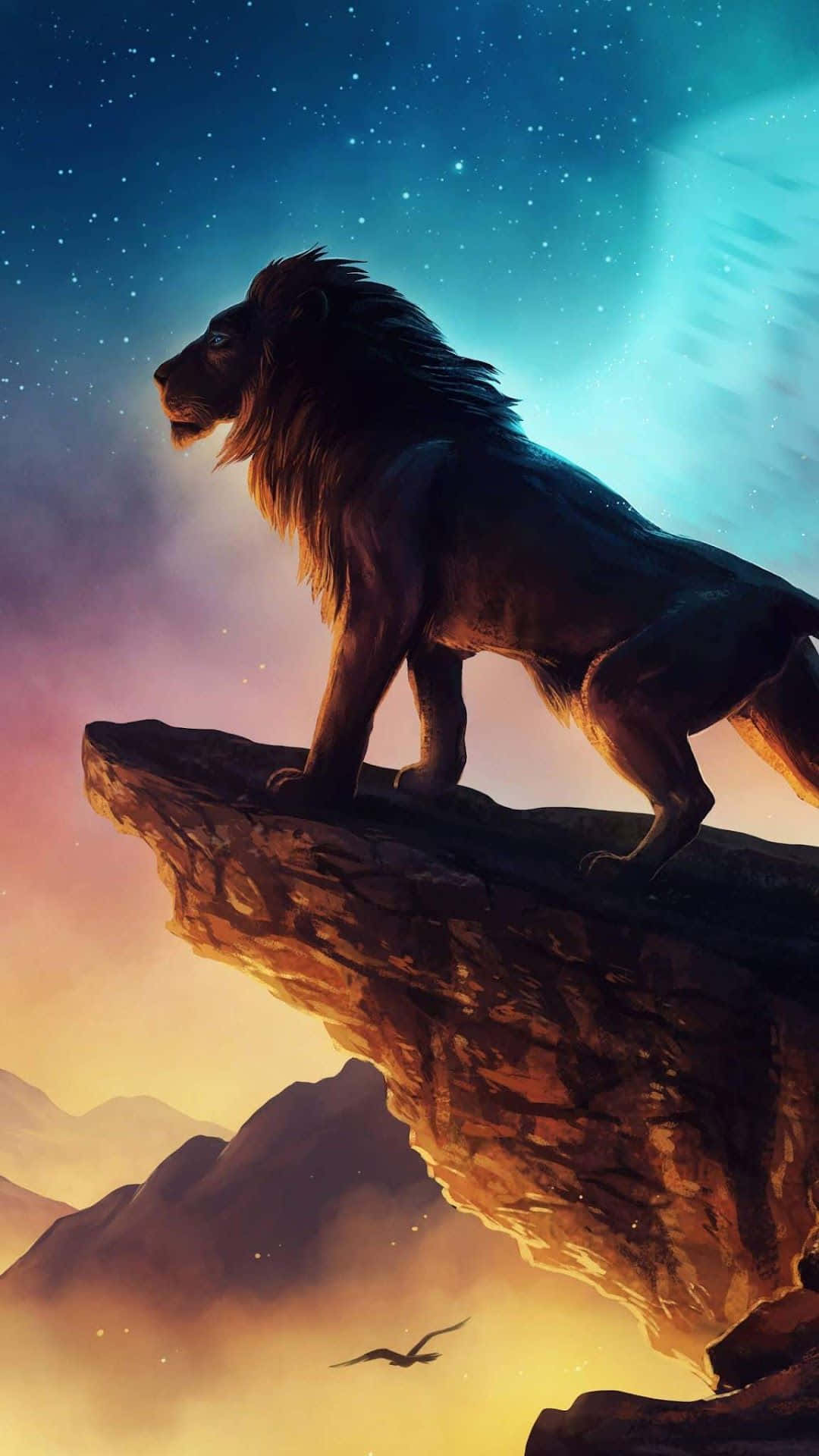 獅子 桌布 壁紙 — 一頭雄獅站在懸崖上，下方是星光燦爛的暮色天空，有發光的星雲和一隻翱翔的鳥。