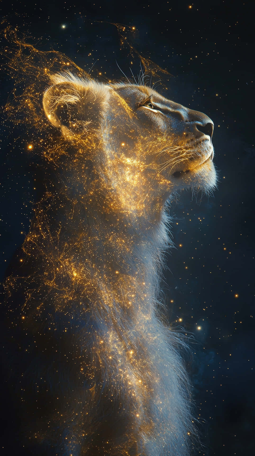Majestic cosmic lion with golden celestial energy in a starry sky 壁紙 — 一頭雌獅的頭部和頸部在繁星點點的深藍色夜空中閃耀著金色的宇宙塵埃。