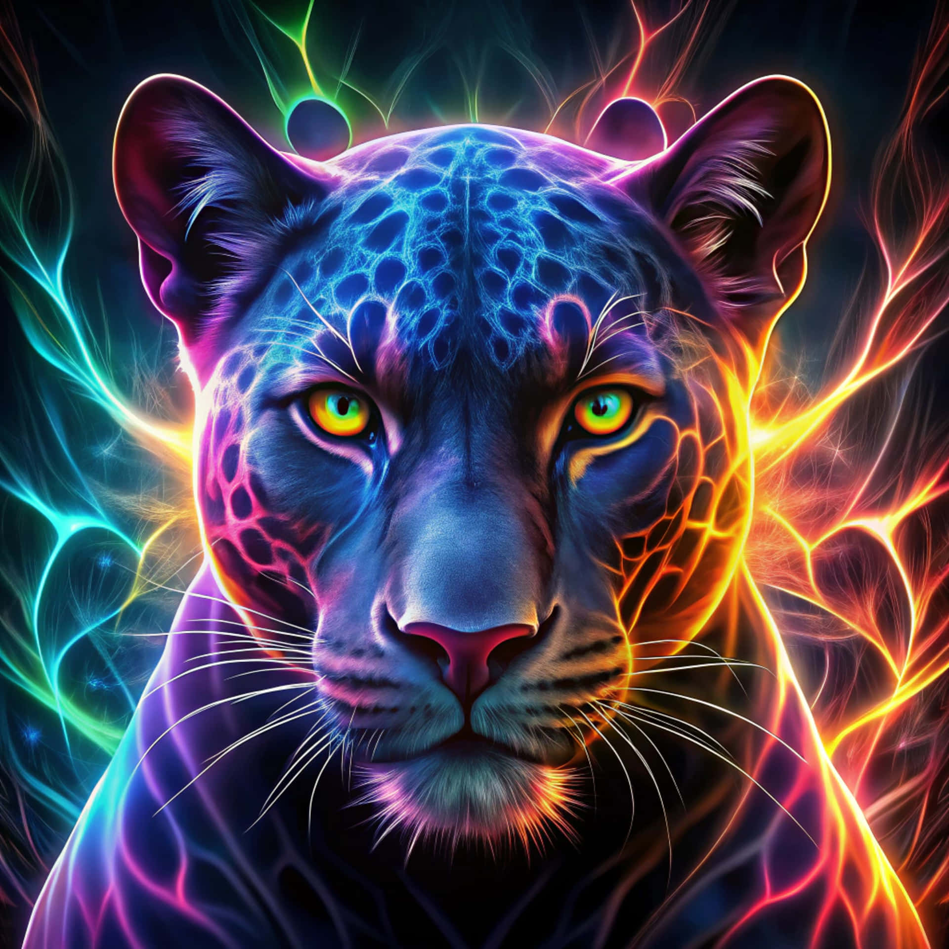 Panther 壁紙 — 一頭霓虹燈照亮的豹，有著發光的黃色眼睛，以及電藍色、紫色和橙色的能量流在頭部周圍旋轉。