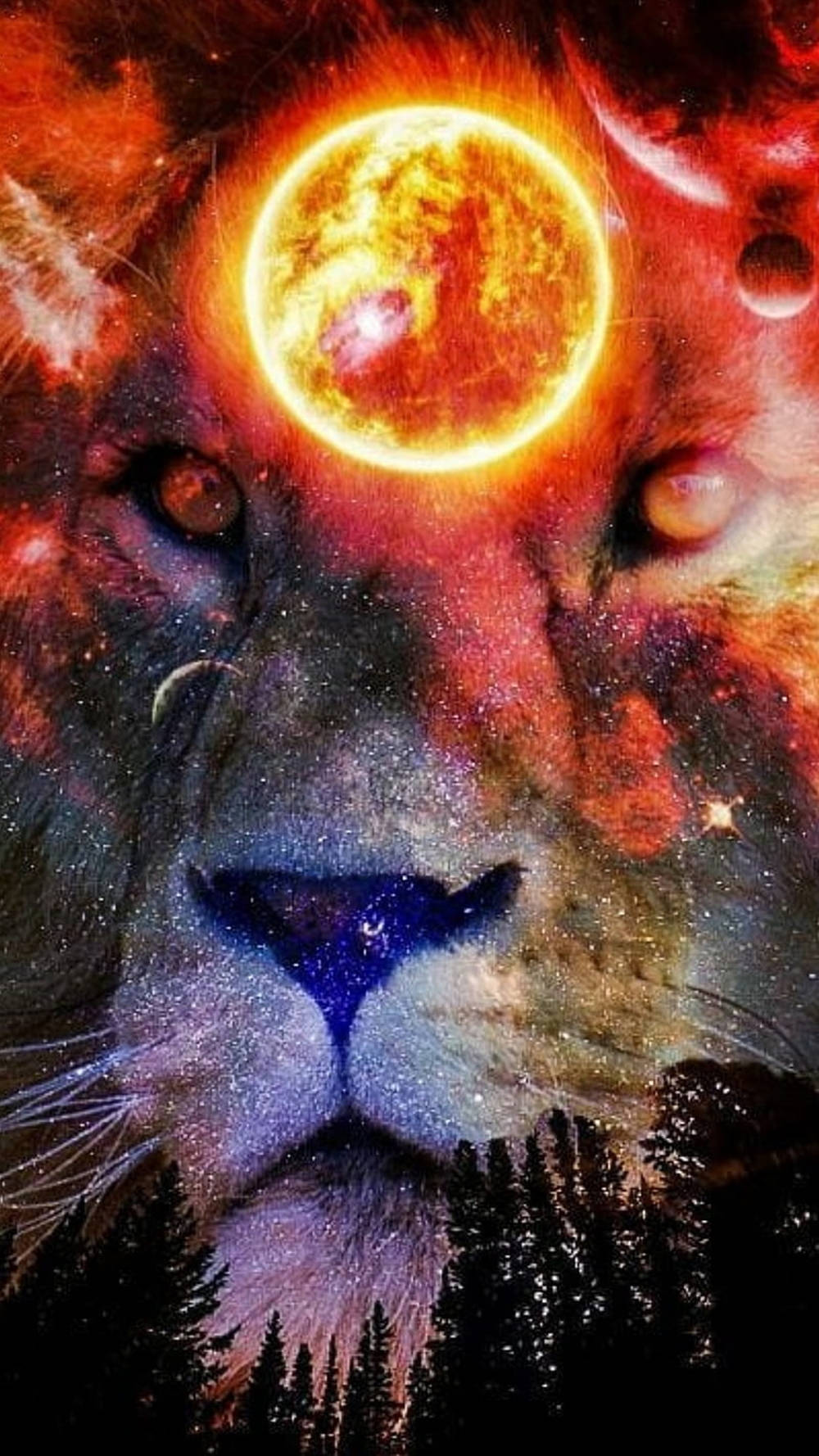 一頭雄偉的獅子，額頭上有發光的太陽，背景是星空和森林。 — 銀河獅子 壁紙
