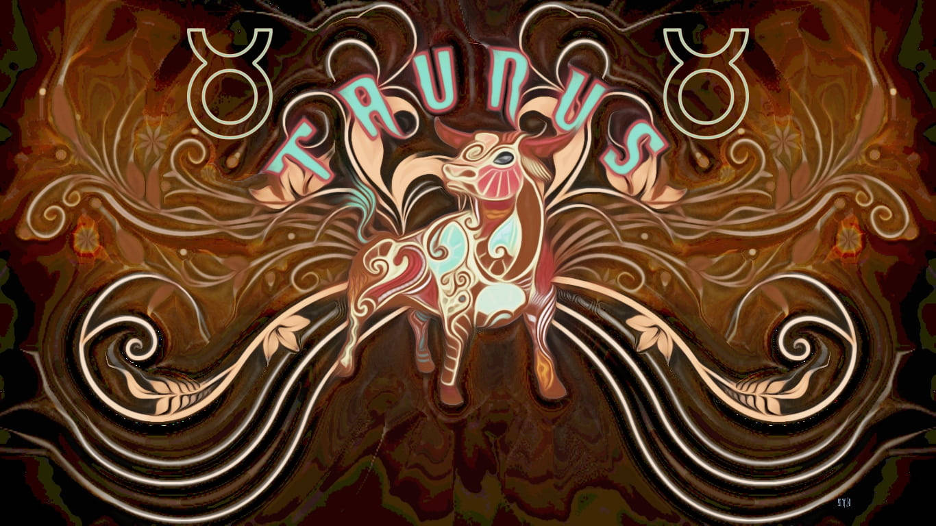 taurus 桌布 壁紙 — 一頭風格化的公牛帶有華麗圖案，立於旋轉的棕色和金色花絲之中，上方有Taurus字樣。