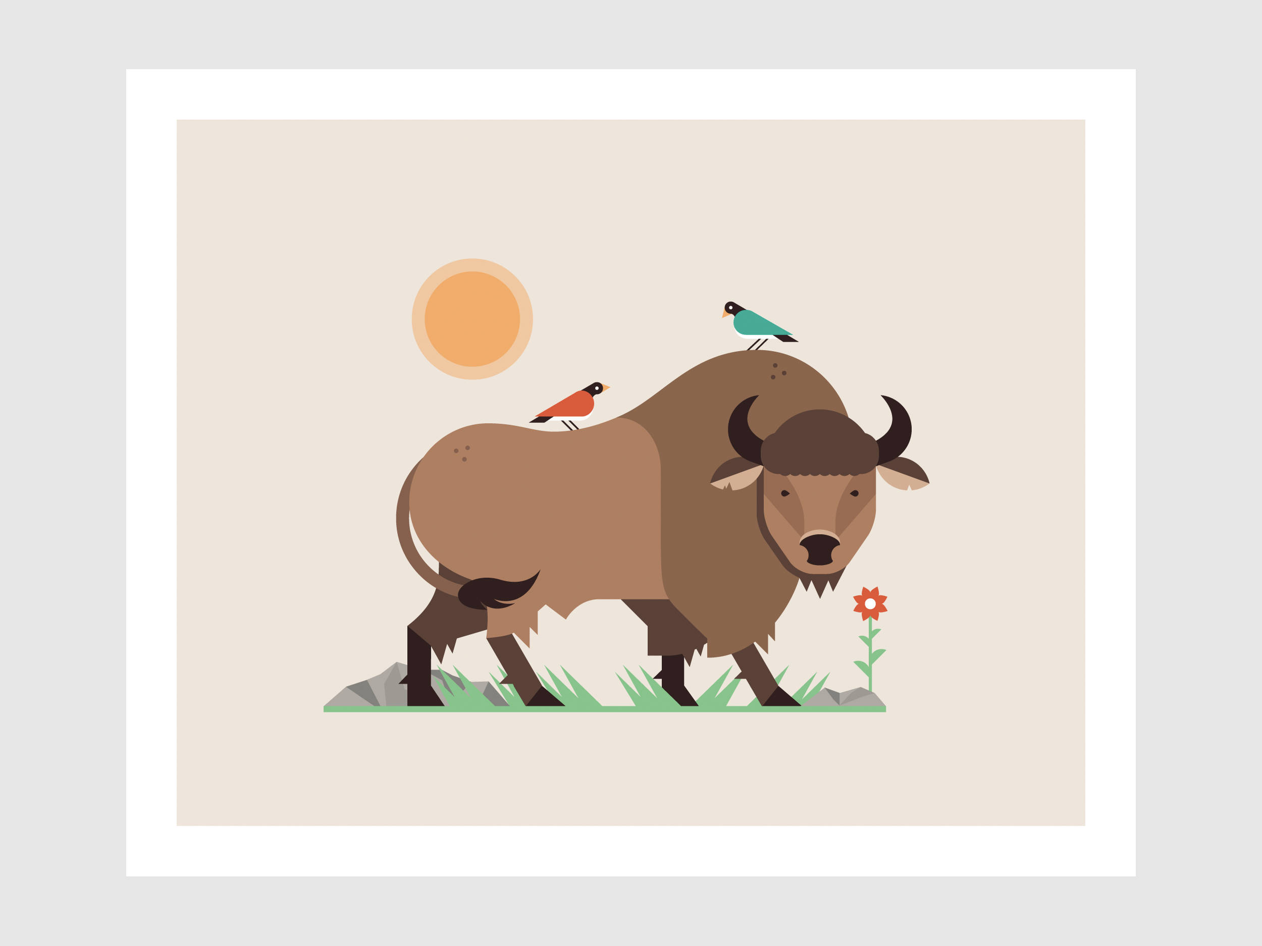 水牛 桌布 壁紙 — 一頭風格化的野牛，背上有兩隻鳥，站在草叢中靠近一朵花，上方是簡單的太陽。