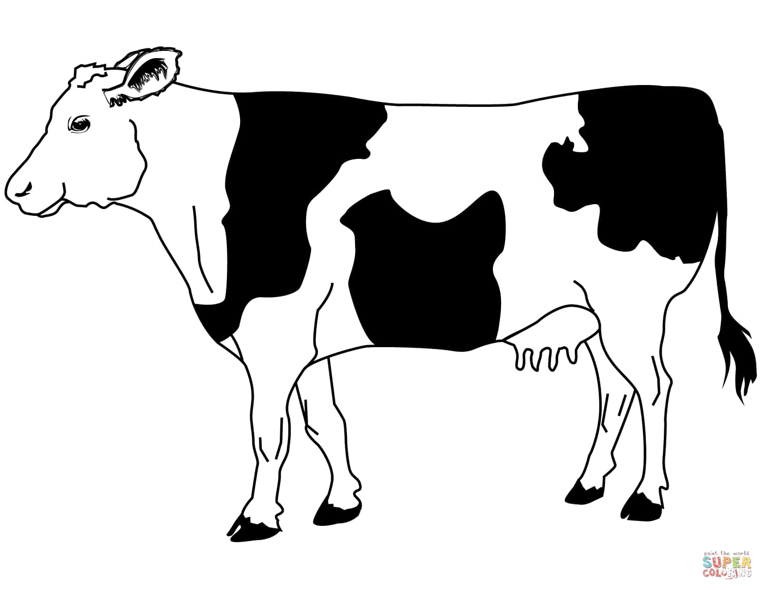 Black And White Cow 桌布 壁紙 — 一頭黑白乳牛以粗線條和簡單陰影側面站立在純白背景上。