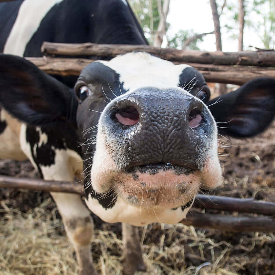 Black And White Cow 桌布 壁紙 — 一頭黑白乳牛的臉部特寫，透過木柵欄窺視，地上有乾草。