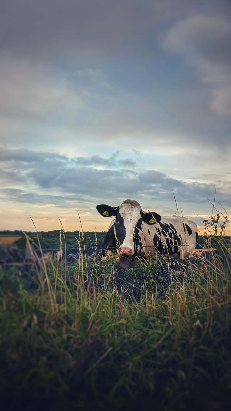 Cute Cow 桌布 壁紙 — 一頭黑白相間的牛在高高的草叢中休息，天空多雲，暮色中帶有柔和的金色光芒。