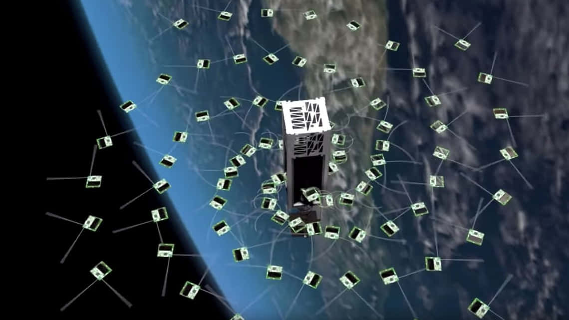 Satellite Technology 桌布 壁紙 — 一顆中央衛星被眾多較小的衛星環繞，在數位3D渲染的太空場景中繞地球運行。