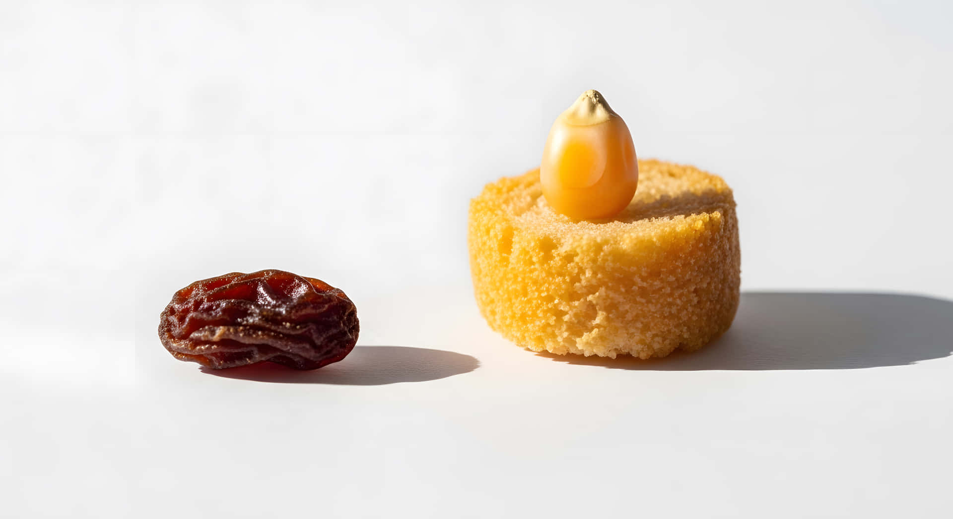 Minimalist Food Art Raisin Corn Kernel Cornbread still life 壁紙 — 一顆乾葡萄乾和一塊玉米芯切片，上面有一粒玉米粒，並排放在明亮的白色表面上。