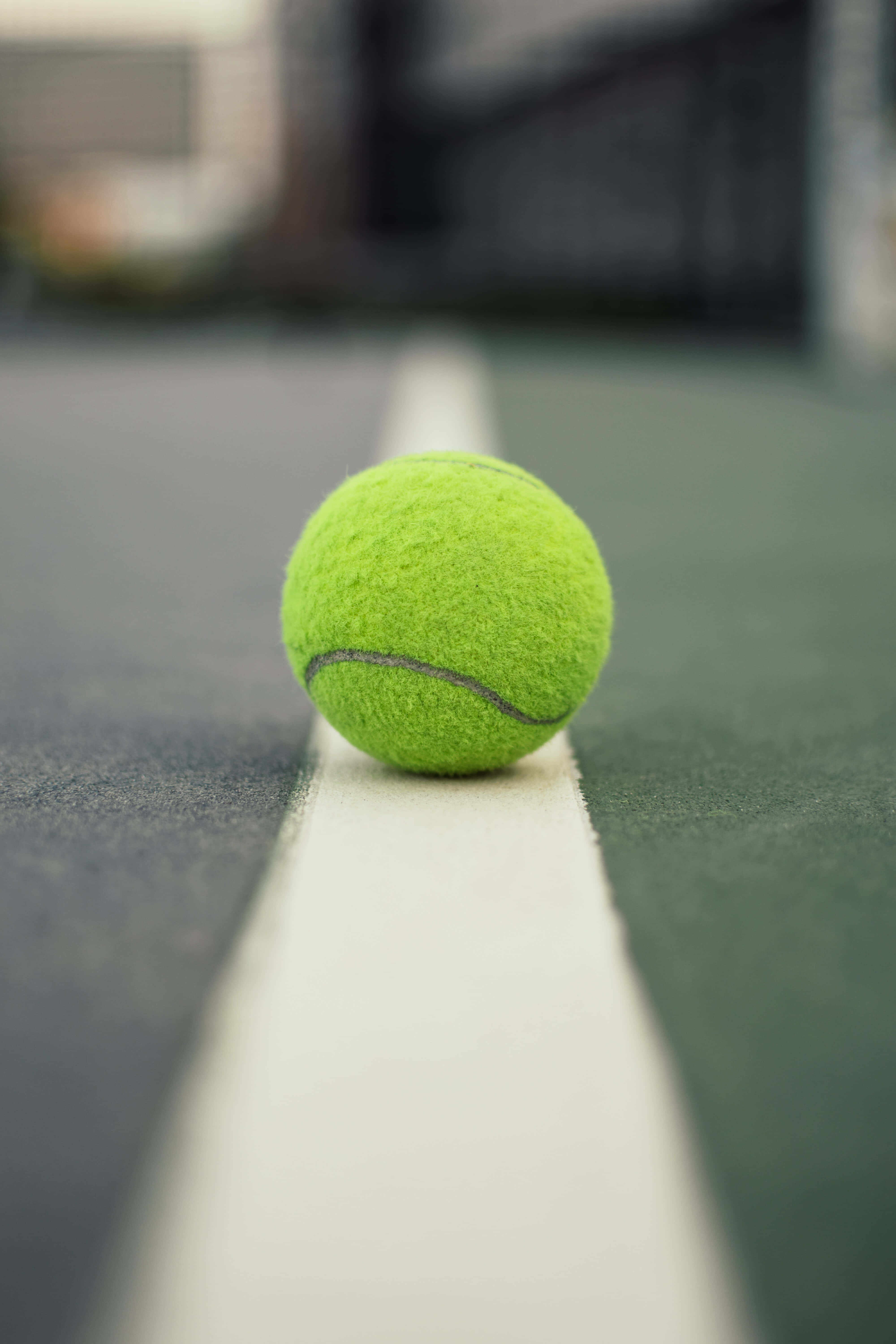 Tennis Ball 桌布 壁紙 — 一顆亮綠色的網球放在球場清晰的白色線上，背景是模糊的城市景觀。