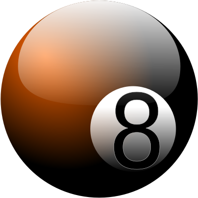 Billiard 桌布 壁紙 — 一顆亮面黑色8號球，帶有橙色漸層和白色數字8，背景為純黑色。