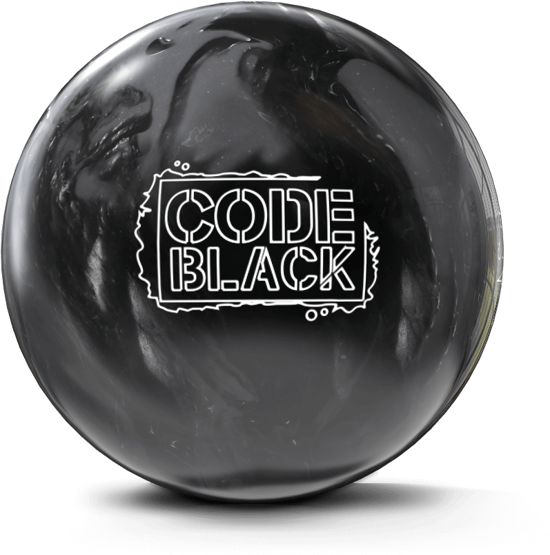 Bowling Ball 桌布 壁紙 — 一顆亮面黑色保齡球，帶有白色「CODE BLACK」標誌，在純黑背景上反射攝影棚燈光。