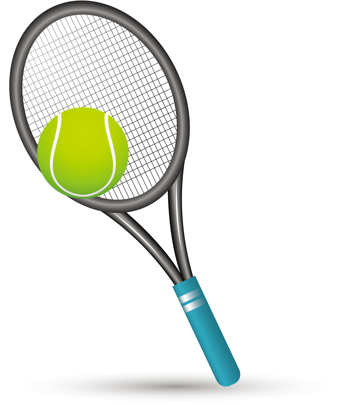 Tennis 桌布 壁紙 — 一顆亮黃色的網球放在一個時尚灰色、帶藍色握把的球拍的網線上，背景是純黑色。