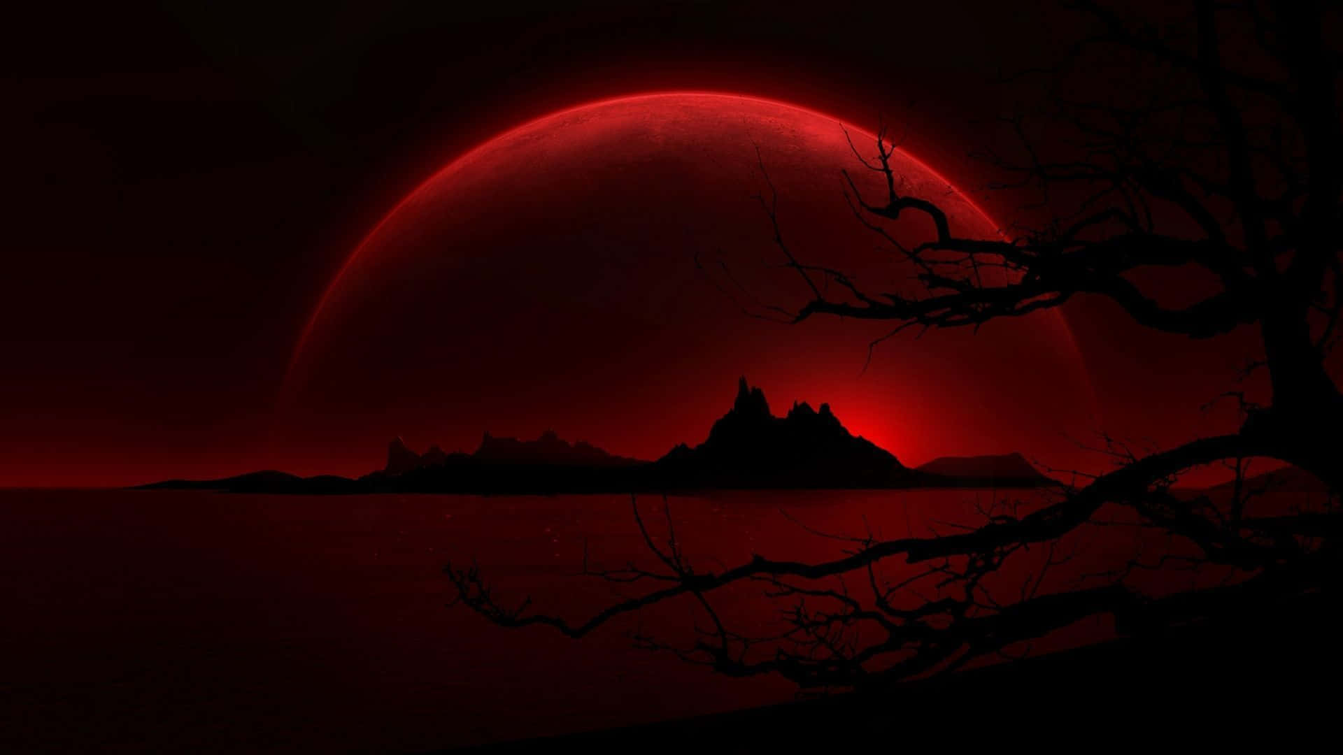 Red Space 桌布 壁紙 — 一顆令人不安的紅色星球籠罩在貧瘠的景觀上，剪影般的山脈和扭曲的樹枝映襯著深紅色的天空。