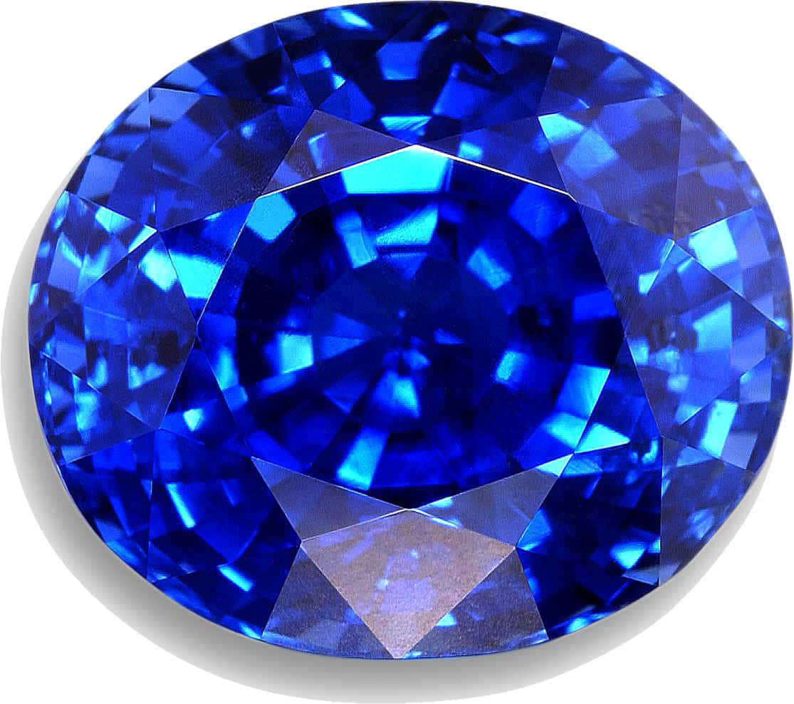 Sapphire Blue 桌布 壁紙 — 一顆令人驚嘆的圓形藍寶石，帶有複雜的切割面，在純白背景上反射出鮮豔的光芒。