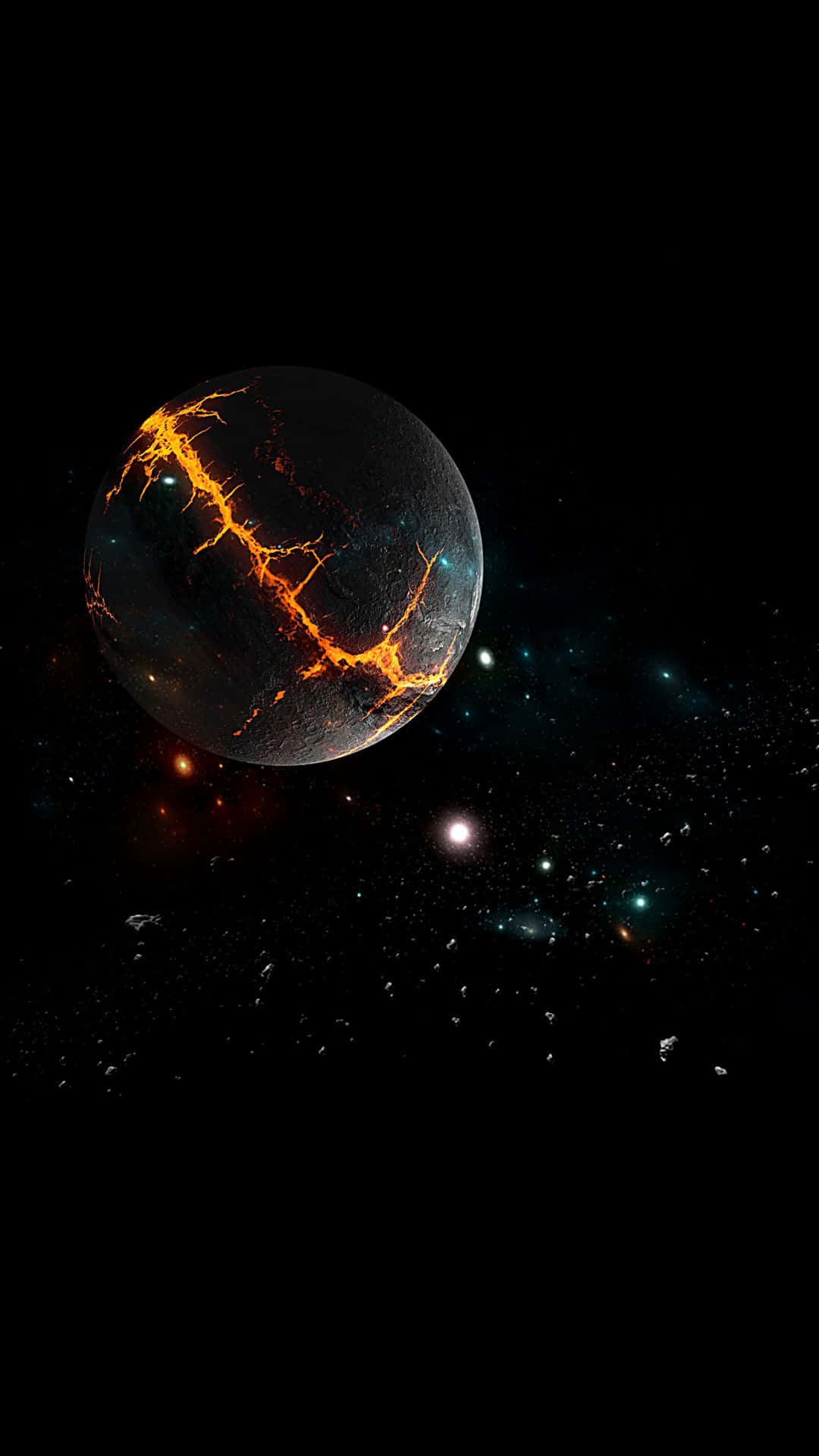 行星動畫 桌布 壁紙 — 一顆佈滿裂縫、帶有發光橙色熔岩脈的行星，在黑色虛空中漂浮於星場內。