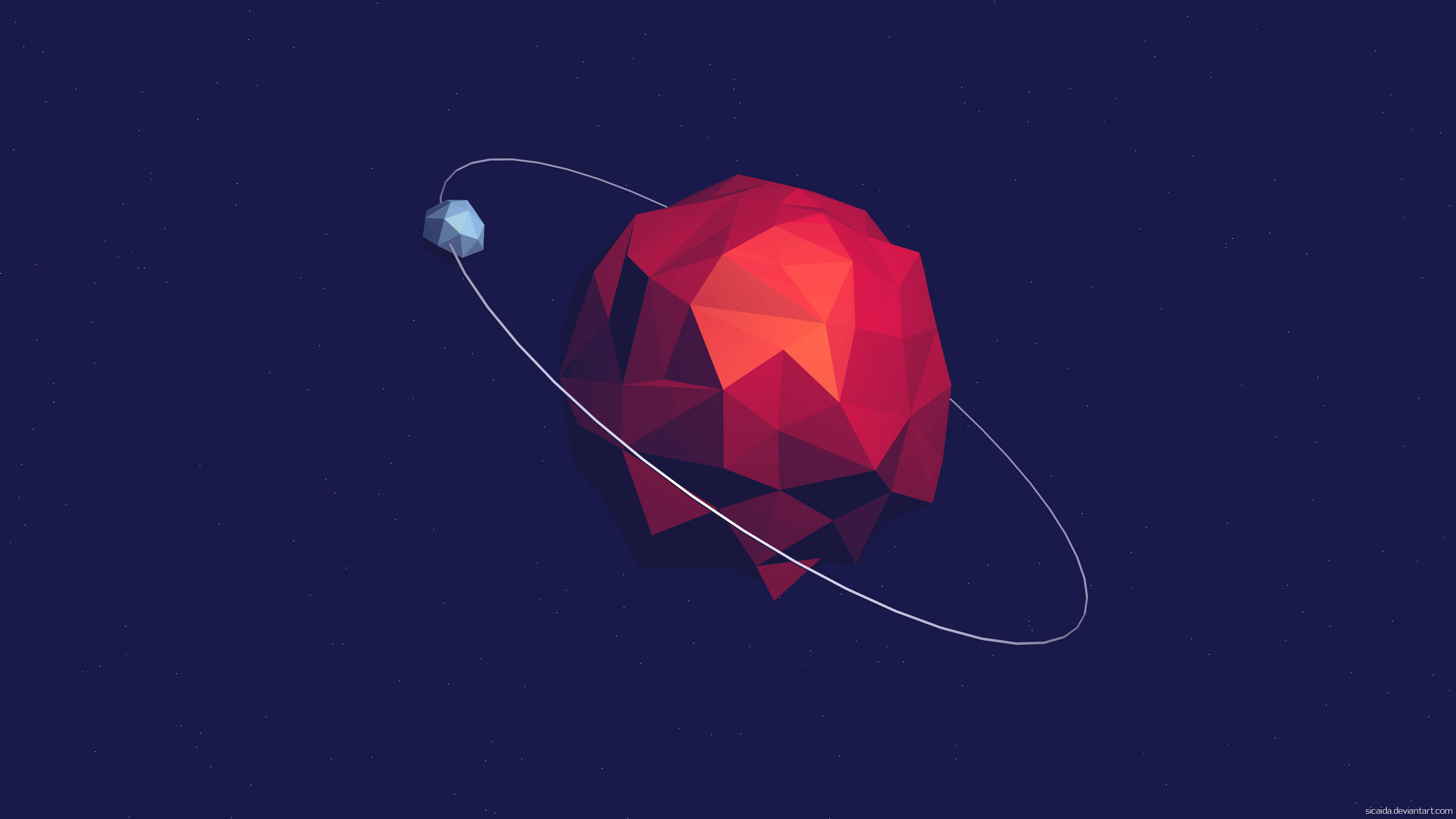 Polygon 桌布 壁紙 — 一顆低多邊形紅色行星，帶有發光核心，在繁星點點的深藍色太空背景下繞著一顆小衛星運行。