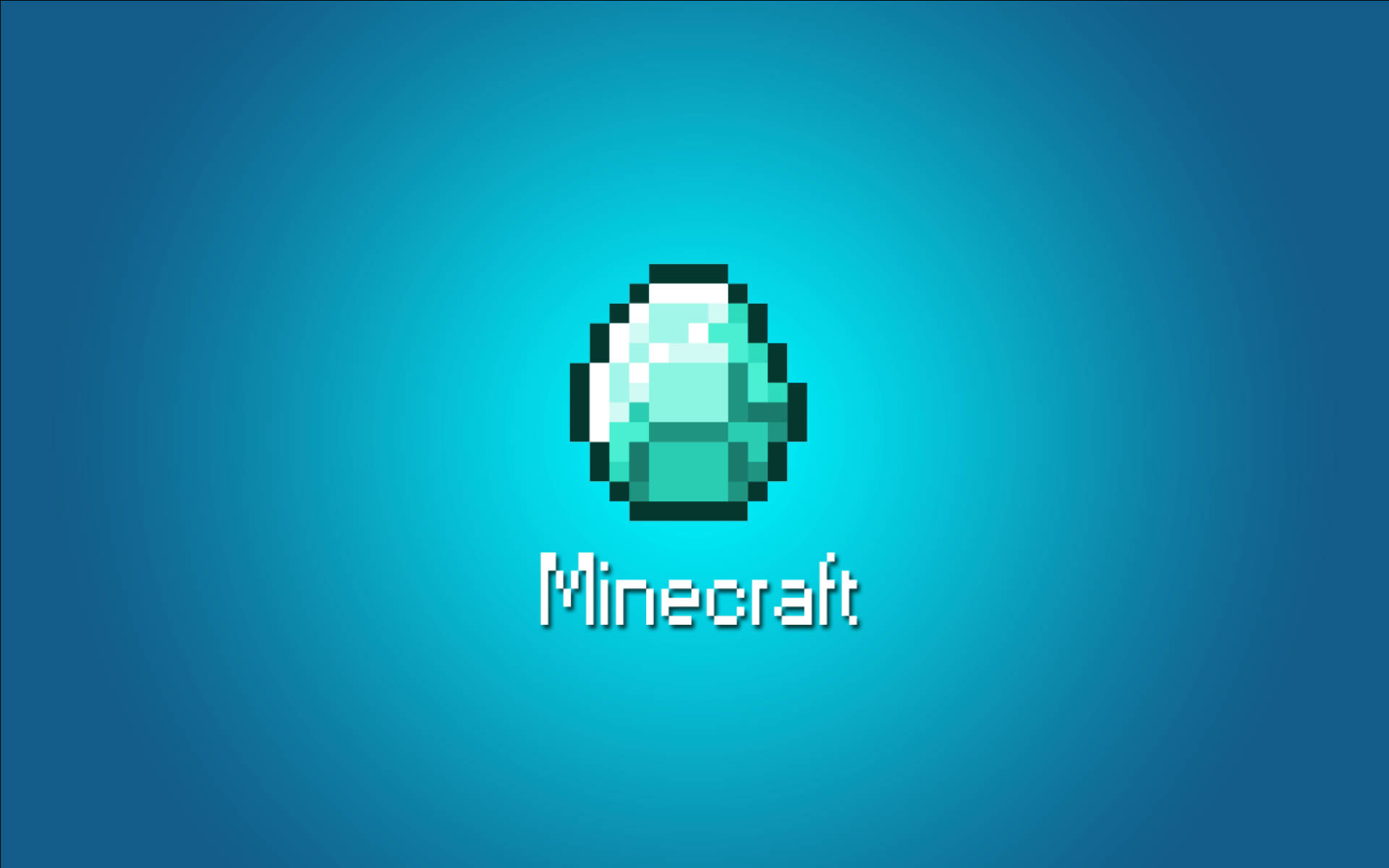 電玩遊戲 桌布 壁紙 — 一顆像素化的Minecraft鑽石寶石在漸變藍色背景上發光，下方有遊戲標題。