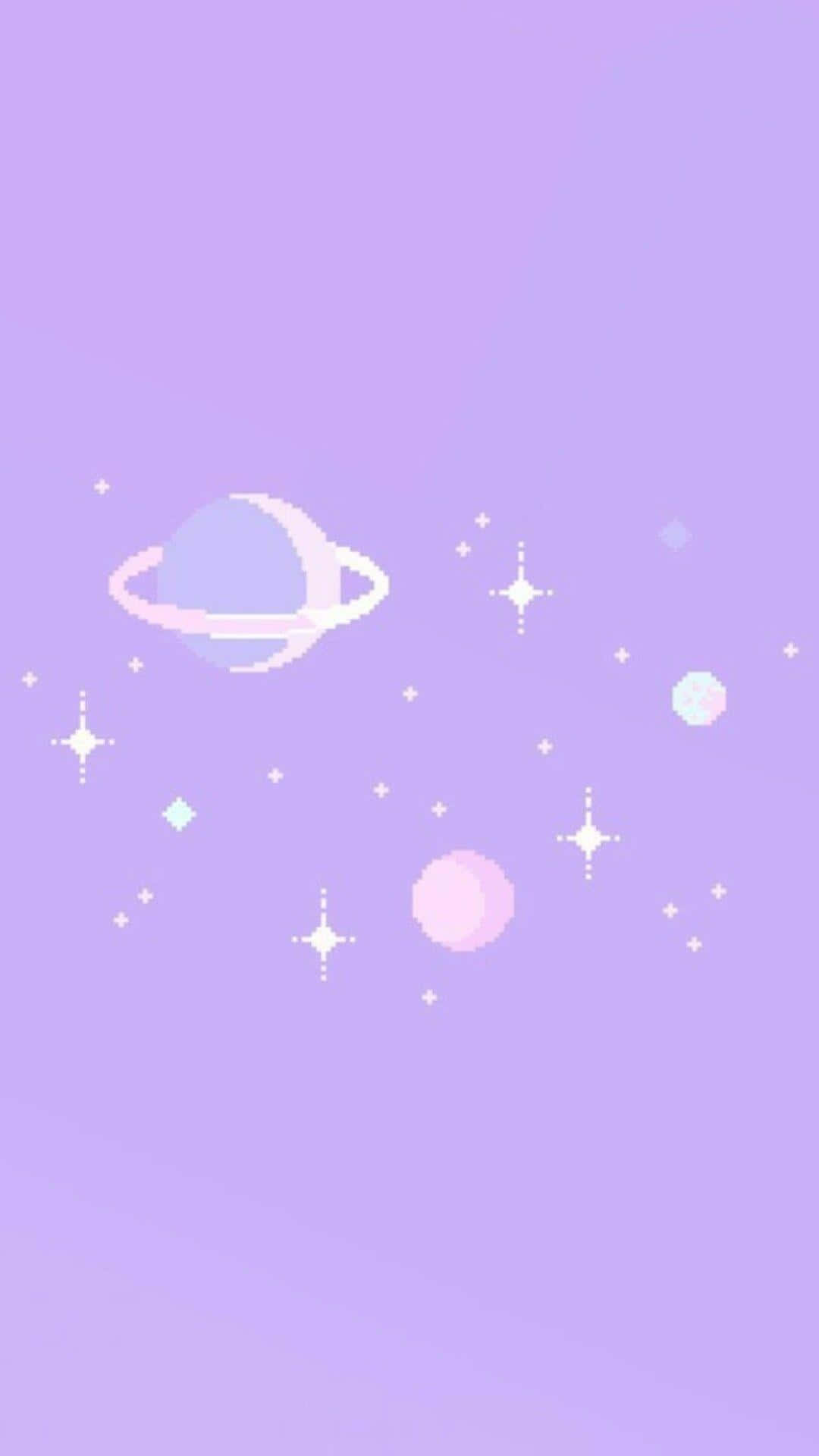 淡紫色 桌布 壁紙 — 一顆像素化的紫色行星帶有光環，漂浮在閃爍的星星和球體之間，背景是柔和的薰衣草漸變天空。