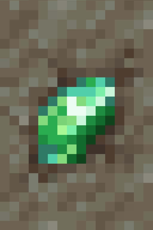 Minecraft Emeralds 桌布 壁紙 — 一顆像素化的綠色鑽石嵌入棕色泥土中，帶有發光的白色中心。