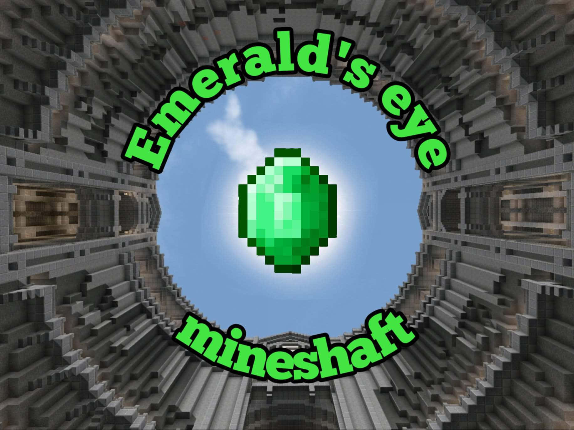 Minecraft Emeralds 桌布 壁紙 — 一顆像素化的翡翠在Minecraft礦井隧道盡頭髮光，隧道由方塊石牆框住。