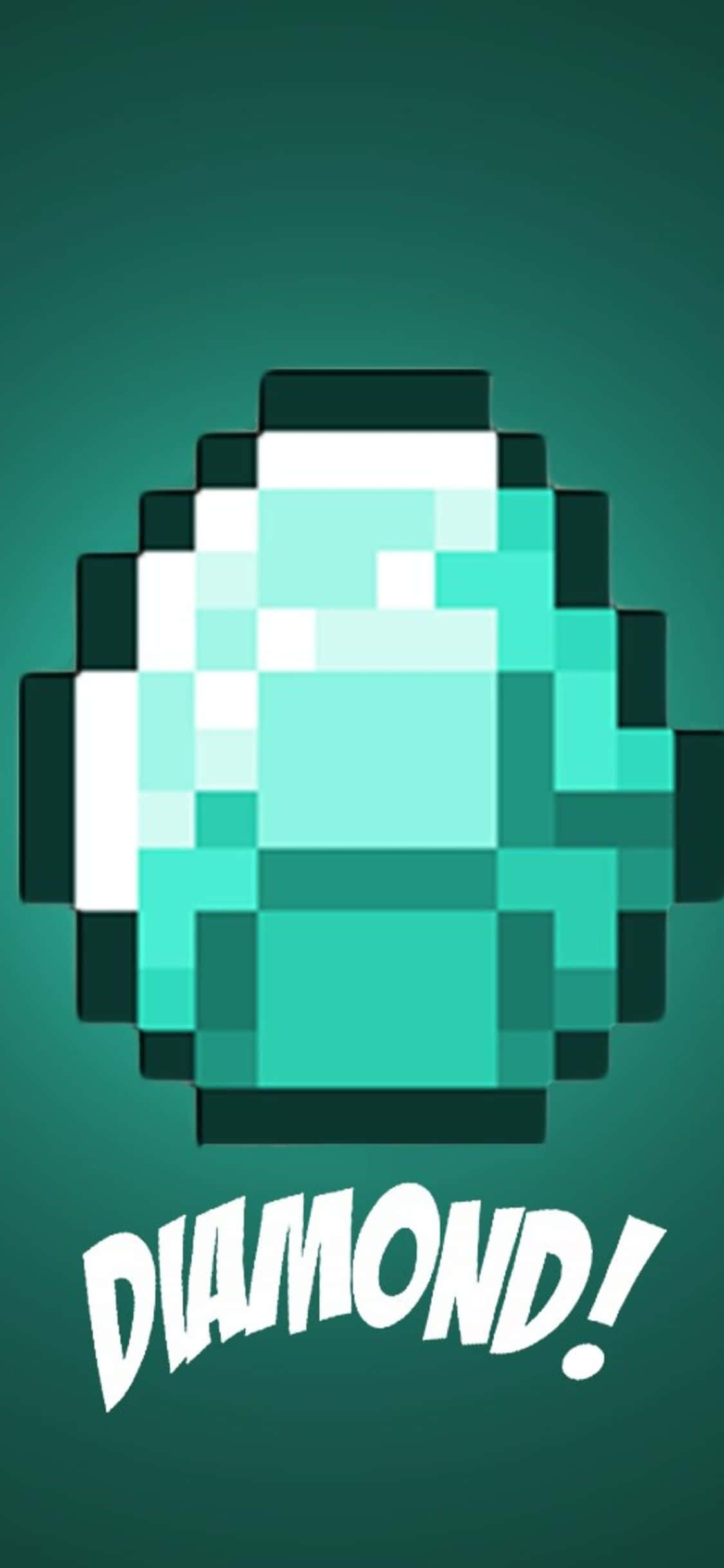 Minecraft Phone 桌布 壁紙 — 一顆像素化的鑽石在青綠色漸變背景上發光，並帶有粗體白色文字寫著鑽石！