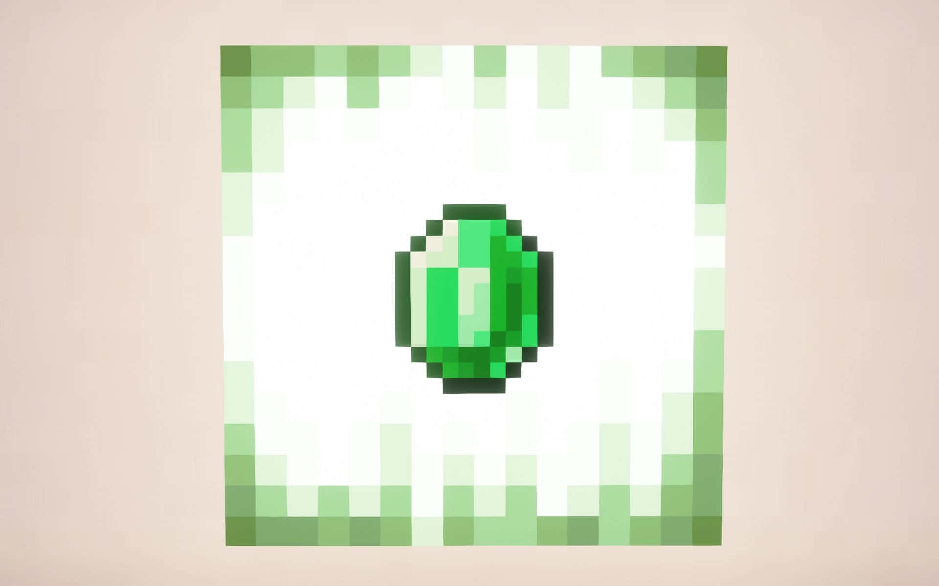 Minecraft Emeralds 桌布 壁紙 — 一顆像素化綠色翡翠寶石，置中於像素化綠色邊框內，背景為柔和米色。