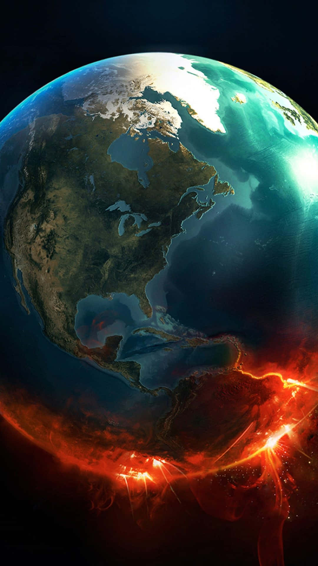 1080x1920 桌布 壁紙 — 一顆充滿活力的地球，表面下方有發光的紅色能量旋轉，背景是黑暗的宇宙。