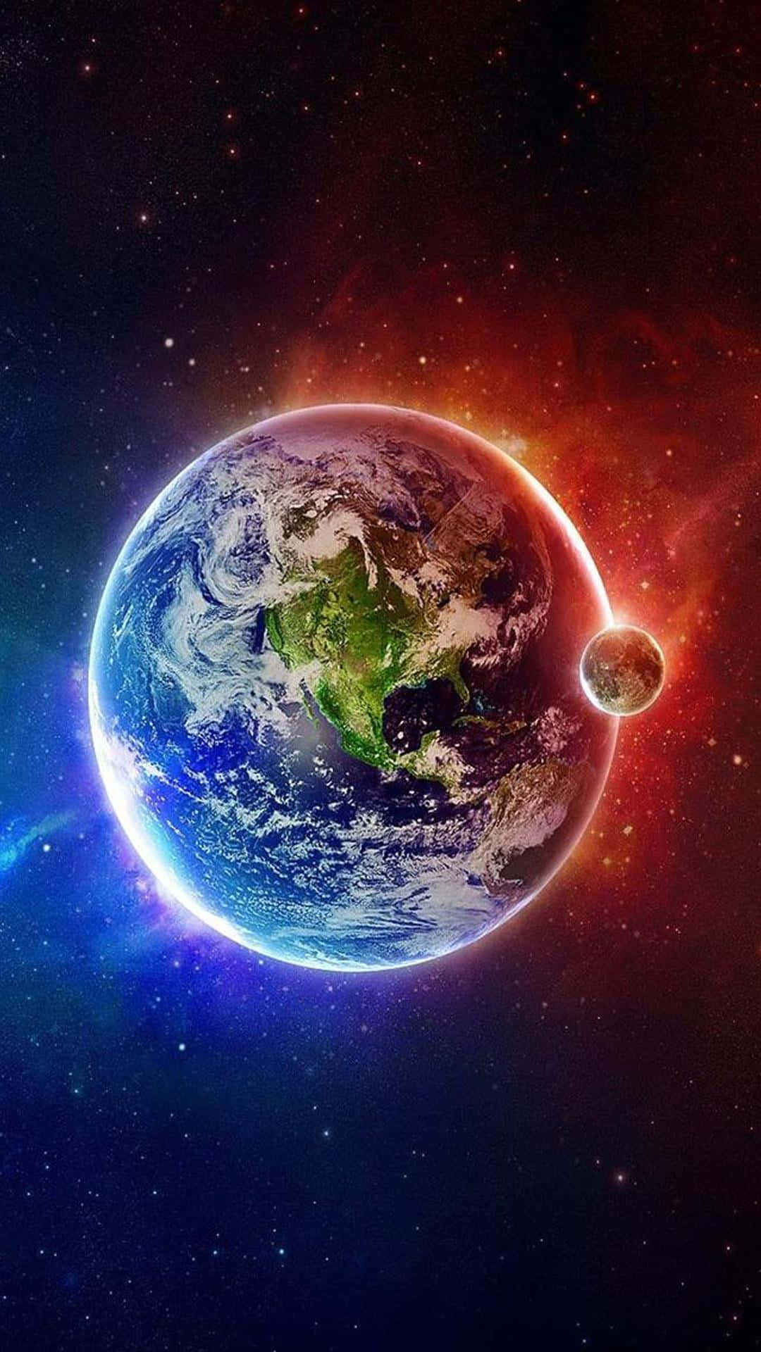 桌布 壁紙 — 一顆充滿活力的地球在星雲和恆星的宇宙背景下發光，附近還有一顆小月亮。