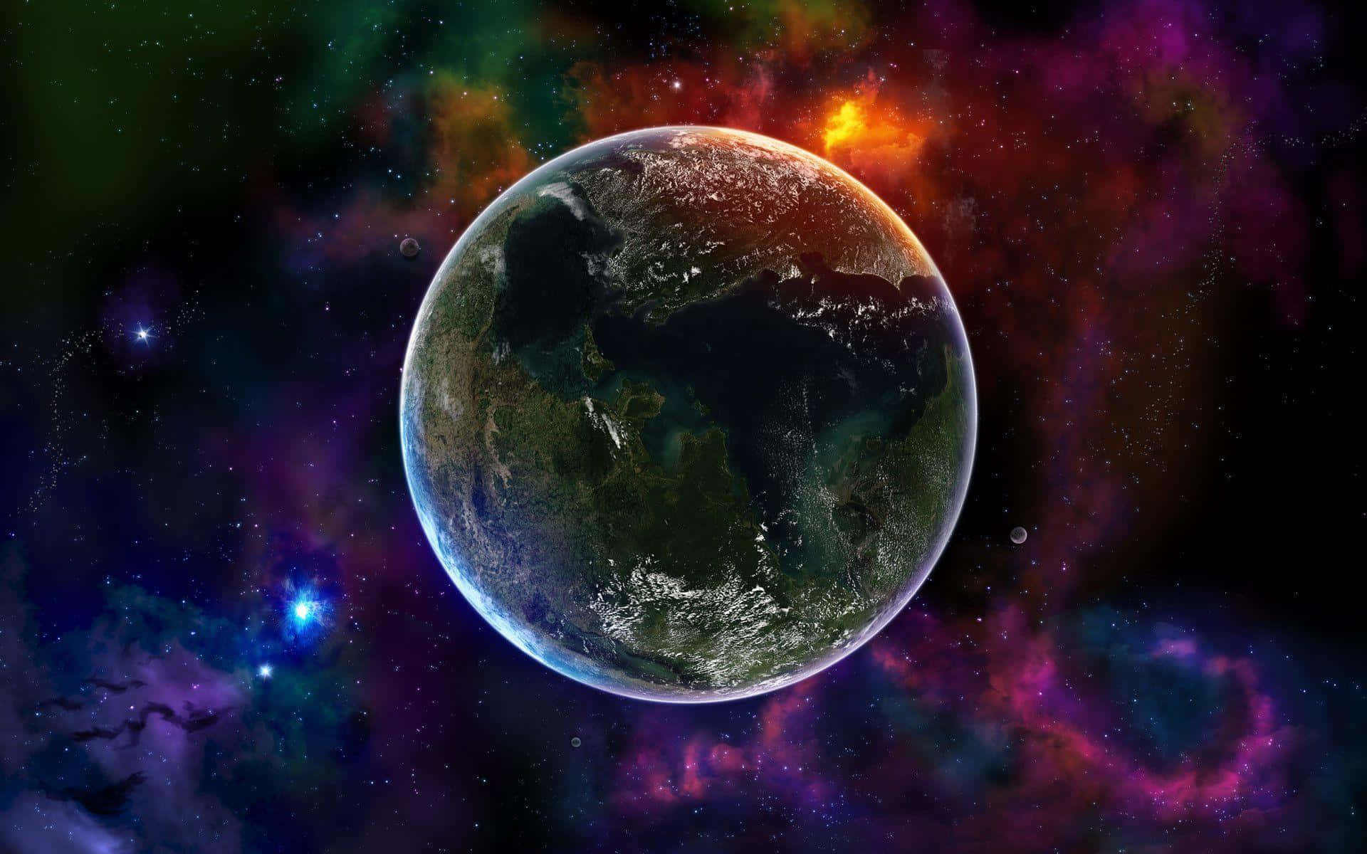酷炫太空 桌布 壁紙 — 一顆充滿活力的地球漂浮在旋轉的宇宙星雲中，散發著紫色、橙色和藍色的光芒。