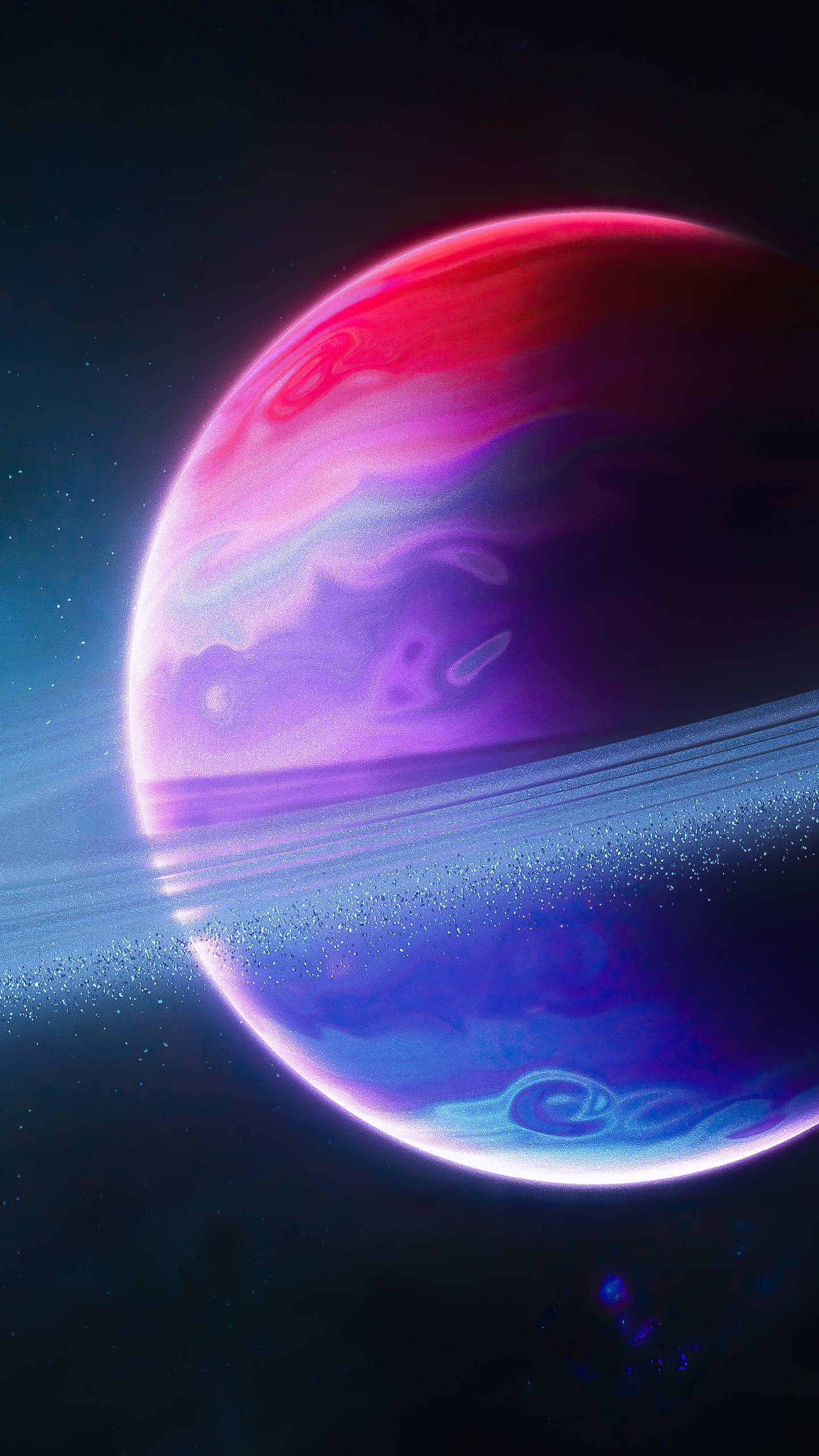 太空電話 桌布 壁紙 — 一顆充滿活力的外星行星，帶有旋轉的紅色、紫色和藍色雲層以及發光的光環，背景是繁星點點的宇宙。