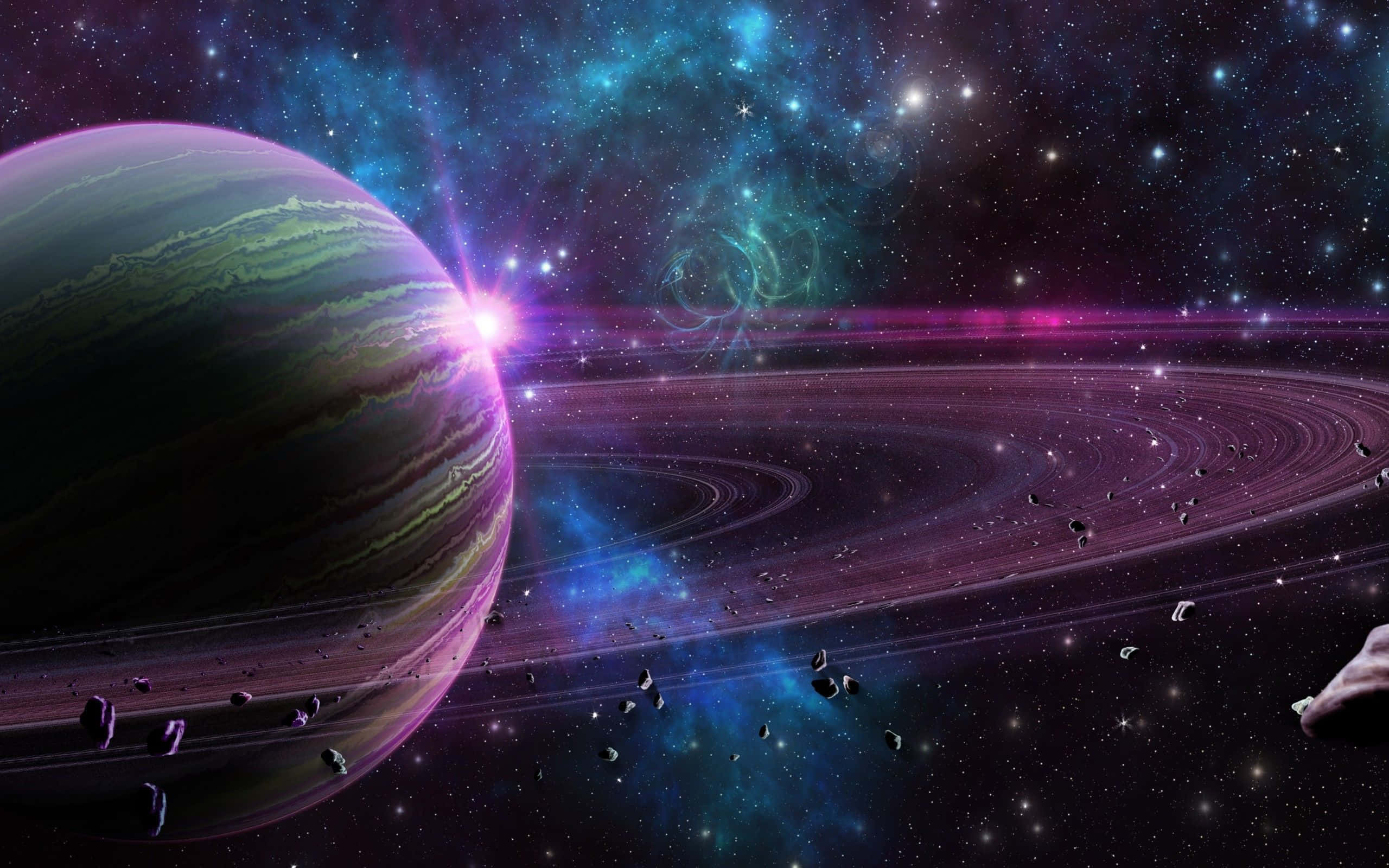 太空 桌布 壁紙 — 一顆充滿活力的外星行星，帶有旋轉的綠色和紫色帶，在宇宙星雲和小行星帶中環繞著一顆明亮的恆星運行。