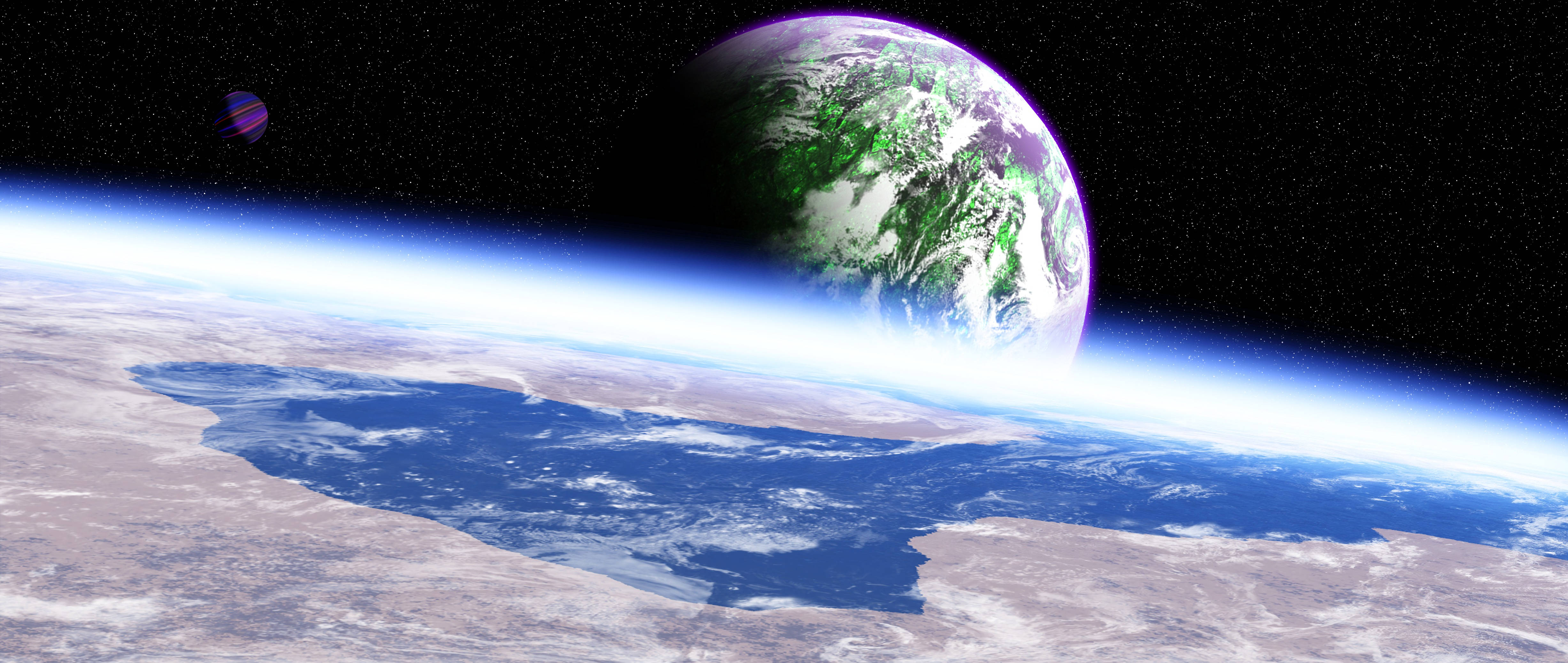 外太空 桌布 壁紙 — 一顆充滿活力的外星行星，擁有綠色和紫色的大陸，在從太空看到的藍色海洋行星上方運行。