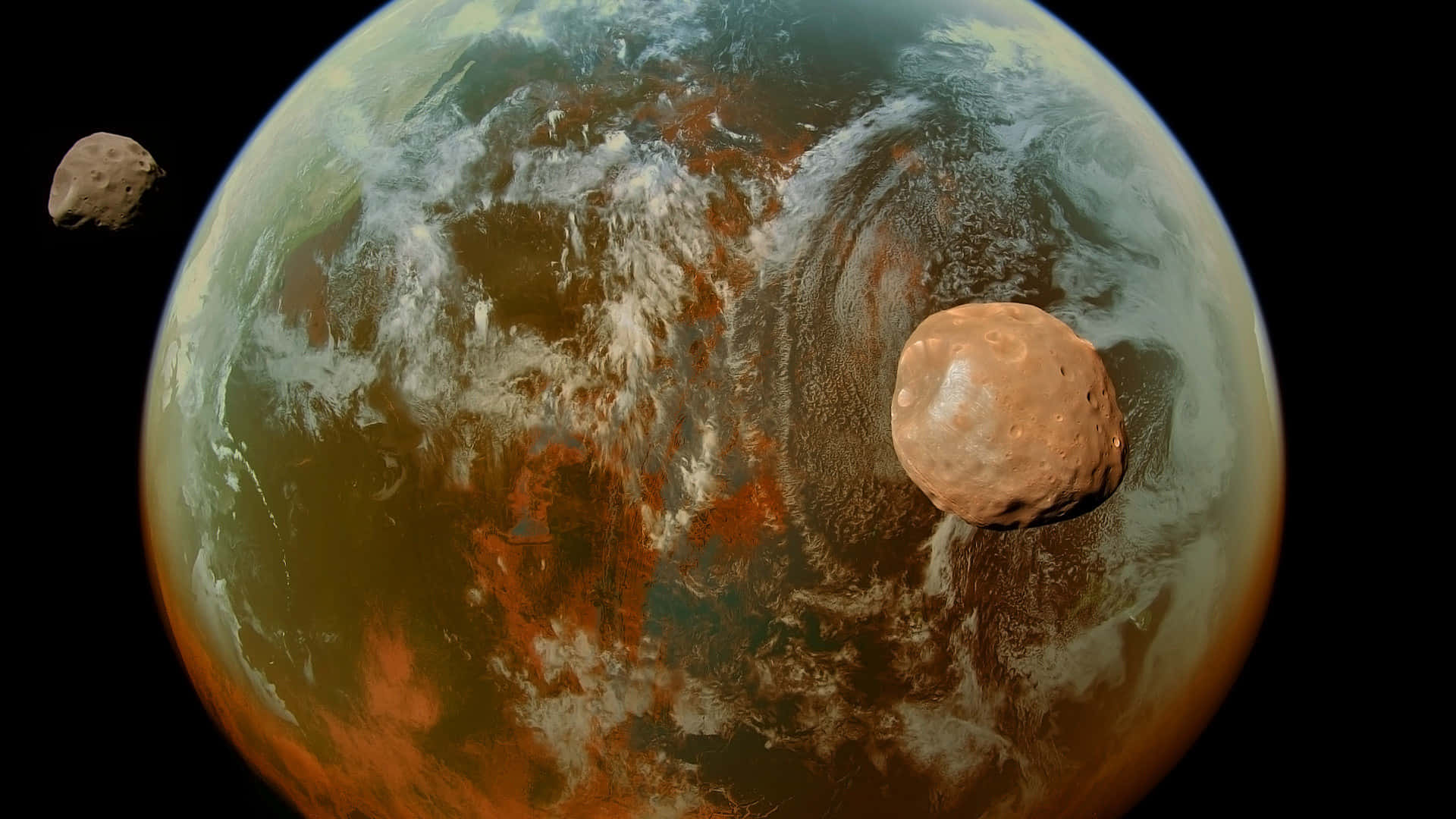 Terraforming 桌布 壁紙 — 一顆充滿活力的外星行星，有旋轉的雲層和橙色的大陸，被兩顆岩石小行星繞著黑色虛空運行。