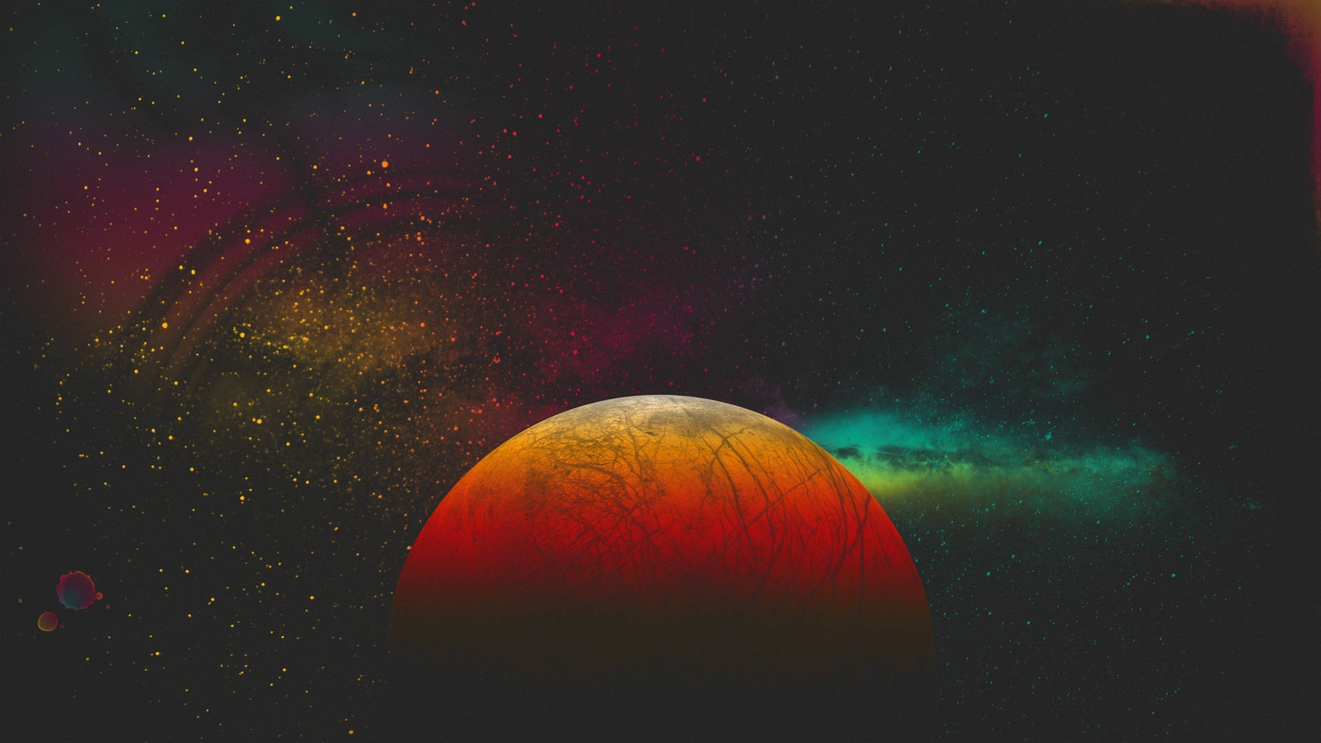 宇宙美學 桌布 壁紙 — 一顆充滿活力的外星行星，表面佈滿裂紋的紅色，在旋轉星雲和遙遠恆星的宇宙背景下發光。