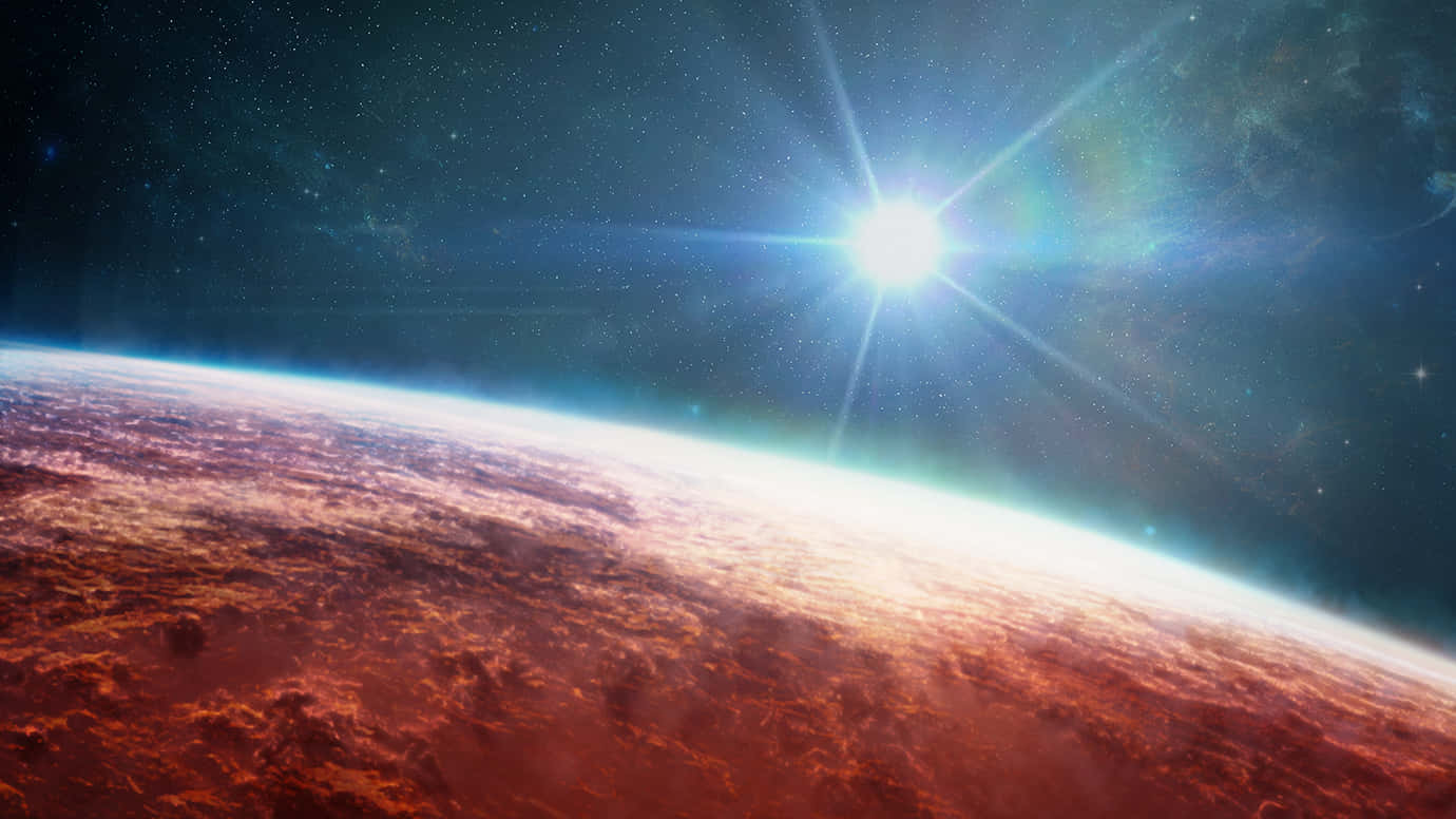 太空 桌布 壁紙 — 一顆充滿活力的外星行星在一顆熾熱的恆星下彎曲，帶有發光的大氣帶和遙遠的星雲。