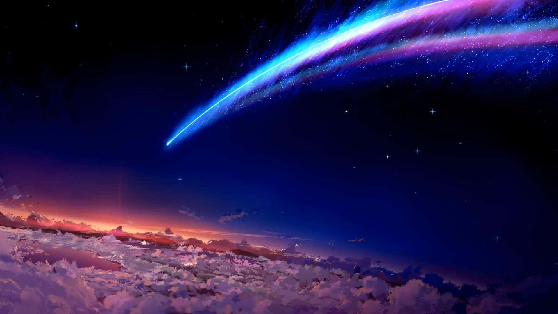Manga Universe 桌布 壁紙 — 一顆充滿活力的宇宙彗星劃過繁星點點的暮色天空，下方是發光的雲海。