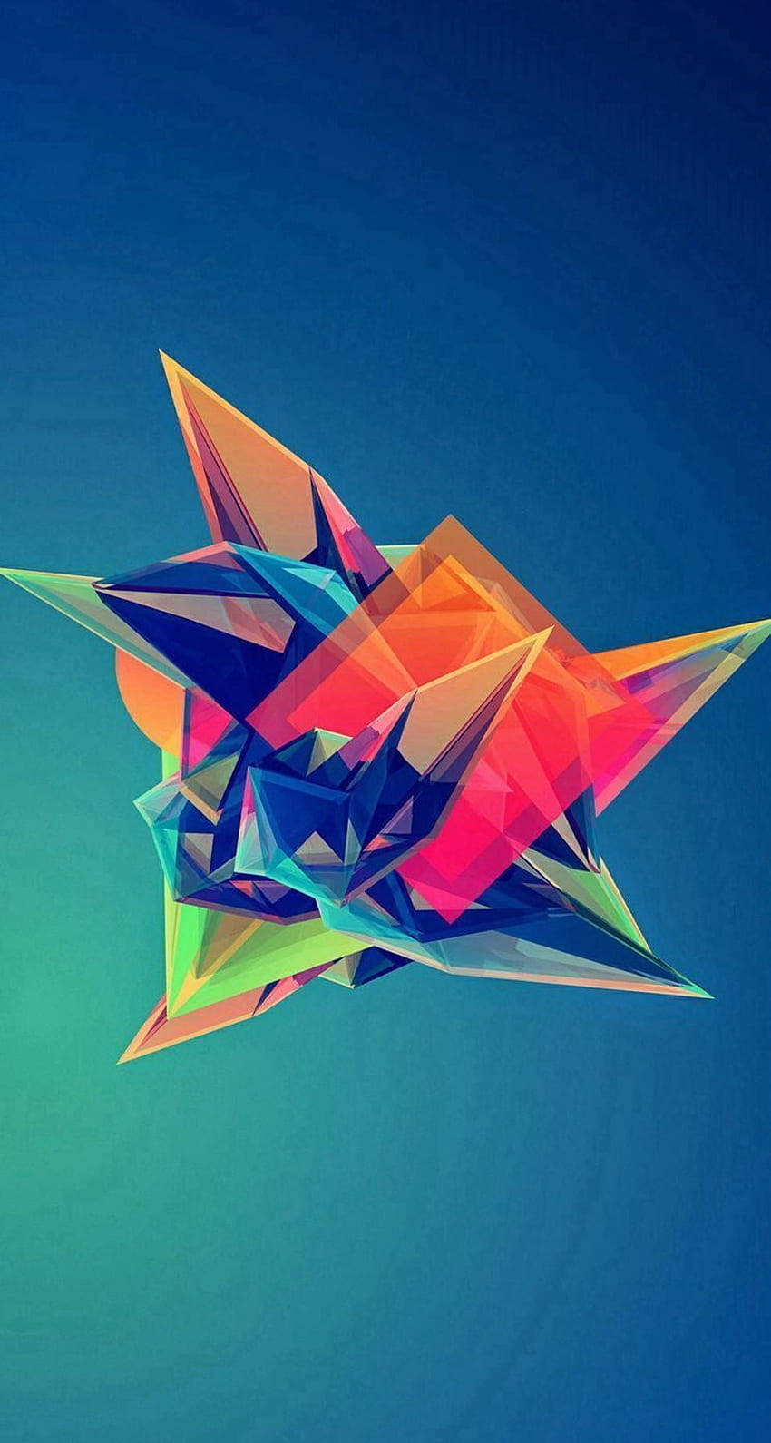  壁紙 — 一顆充滿活力的幾何星星，帶有紅色、橙色、藍色和綠色的銳利切面，漂浮在藍色和藍綠色的漸變背景上。