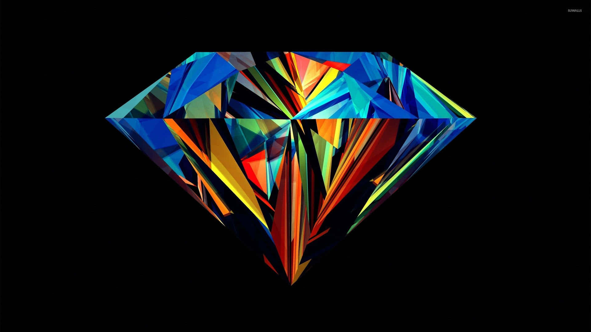 Diamond Aesthetic 桌布 壁紙 — 一顆充滿活力的幾何鑽石在純黑背景下散發出彩虹色調。
