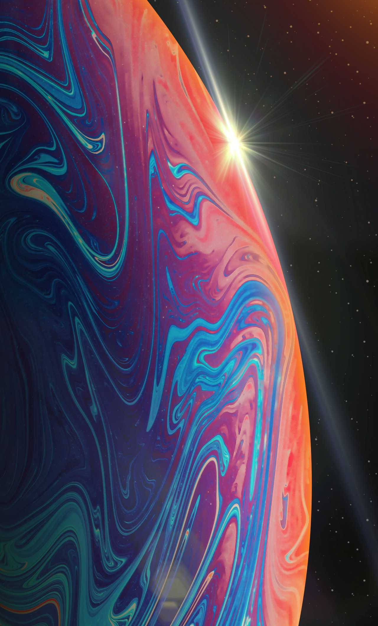 iPhone 13 Pro 桌布 壁紙 — 一顆充滿活力的旋轉行星，帶有火熱的橙色和電光藍色調，在深空中一顆璀璨的恆星下閃耀。