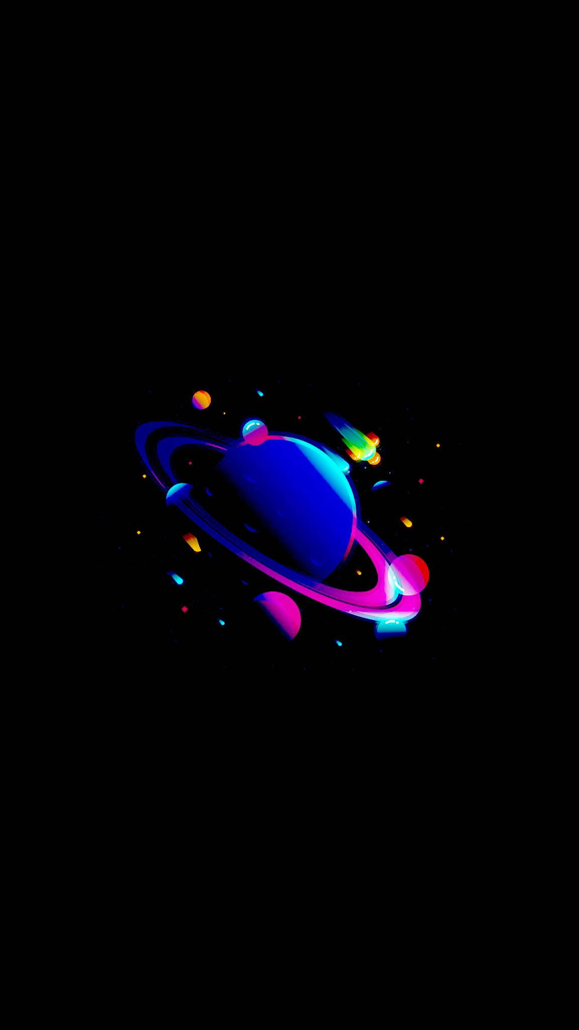 太空電話 桌布 壁紙 — 一顆充滿活力的發光行星，帶有彩色環和漂浮球體，背景是黑色虛空。