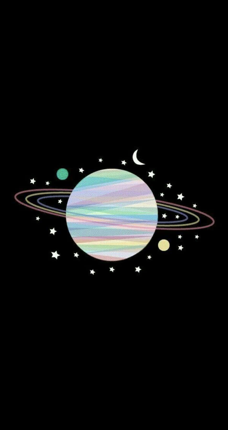 iPhone 桌布 壁紙 — 一顆充滿活力的粉彩行星帶有彩色環，在星星和彎月之間繞行，背景是黑色虛空。