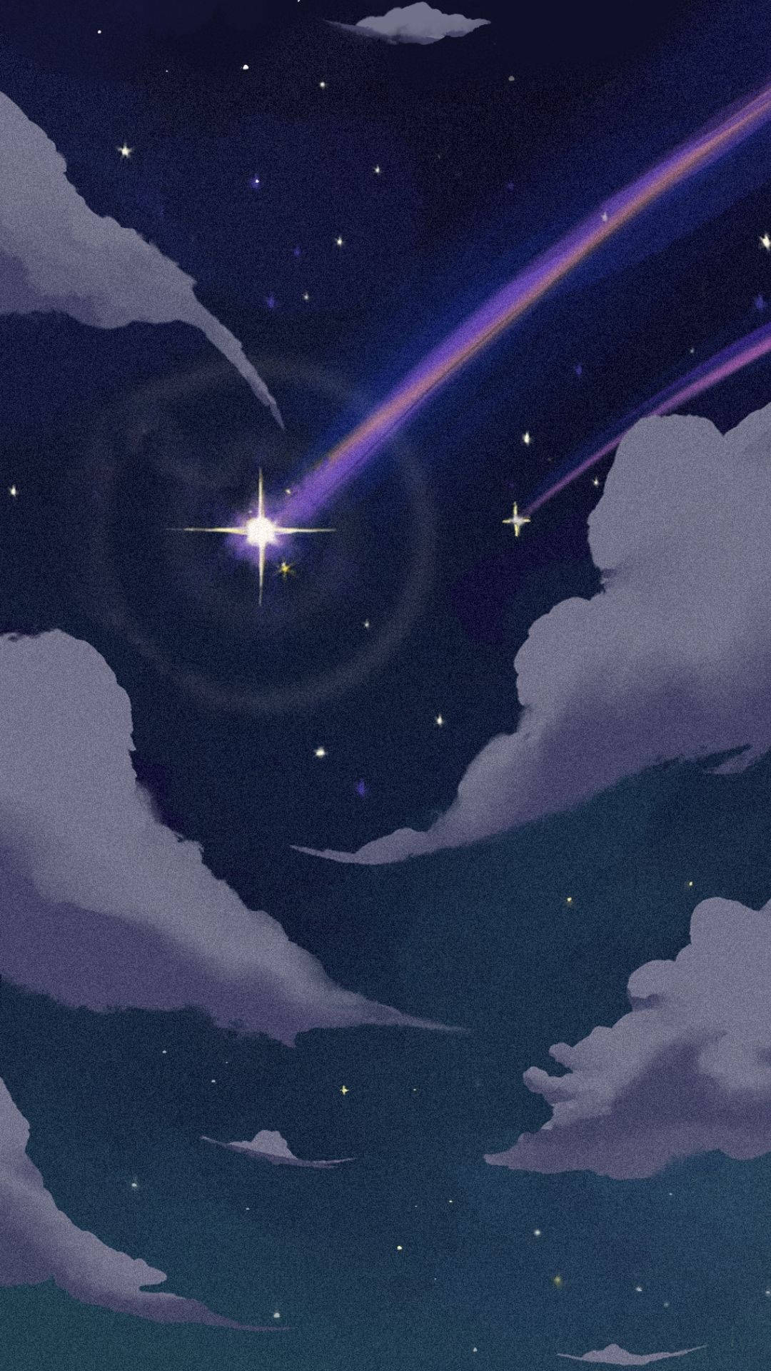 月光 桌布 壁紙 — 一顆充滿活力的紫色流星劃過繁星點點的夜空，周圍環繞著柔和的薰衣草色雲朵。