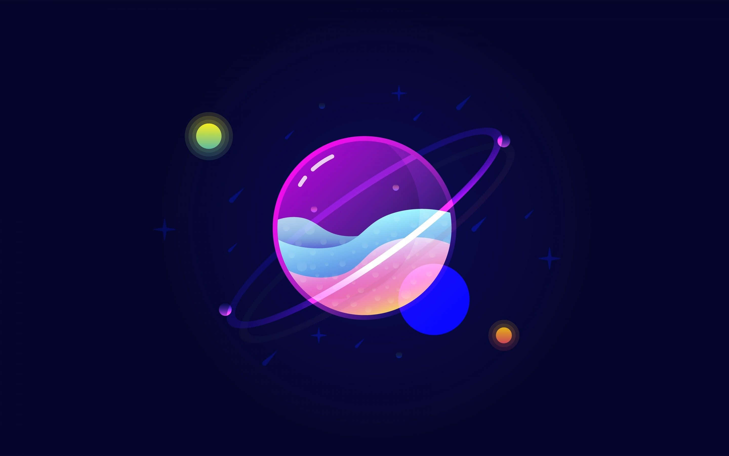 Minimal Art 桌布 壁紙 — 一顆充滿活力的紫色行星，帶有發光的光環和海洋波浪，漂浮在繁星點點的宇宙虛空中，伴隨著色彩繽紛的球體。