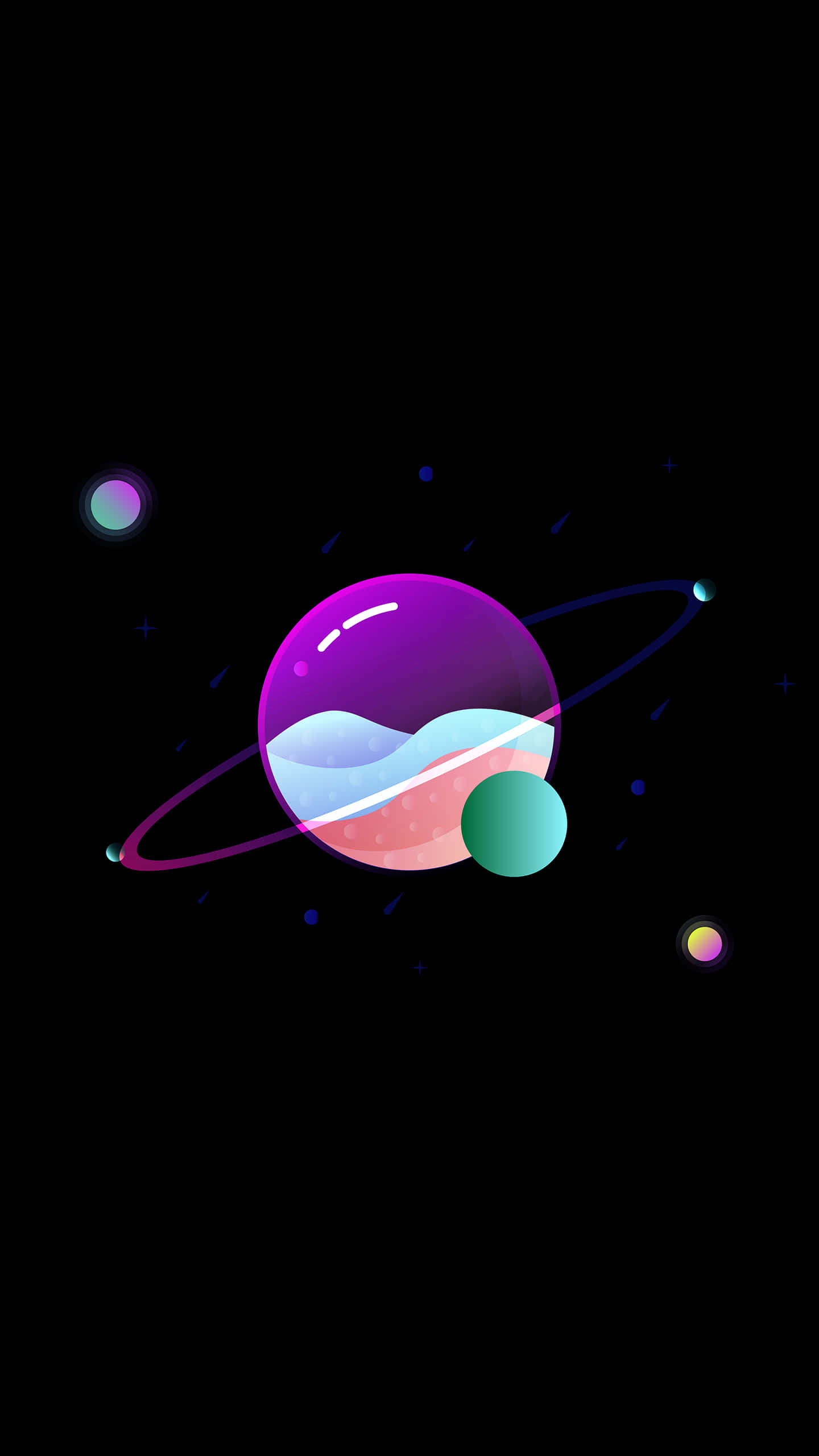 桌布 壁紙 — 一顆充滿活力的紫色行星，帶有發光的光環和粉彩波浪，漂浮在繁星點點的虛空中，附近有細小的彩色球體。