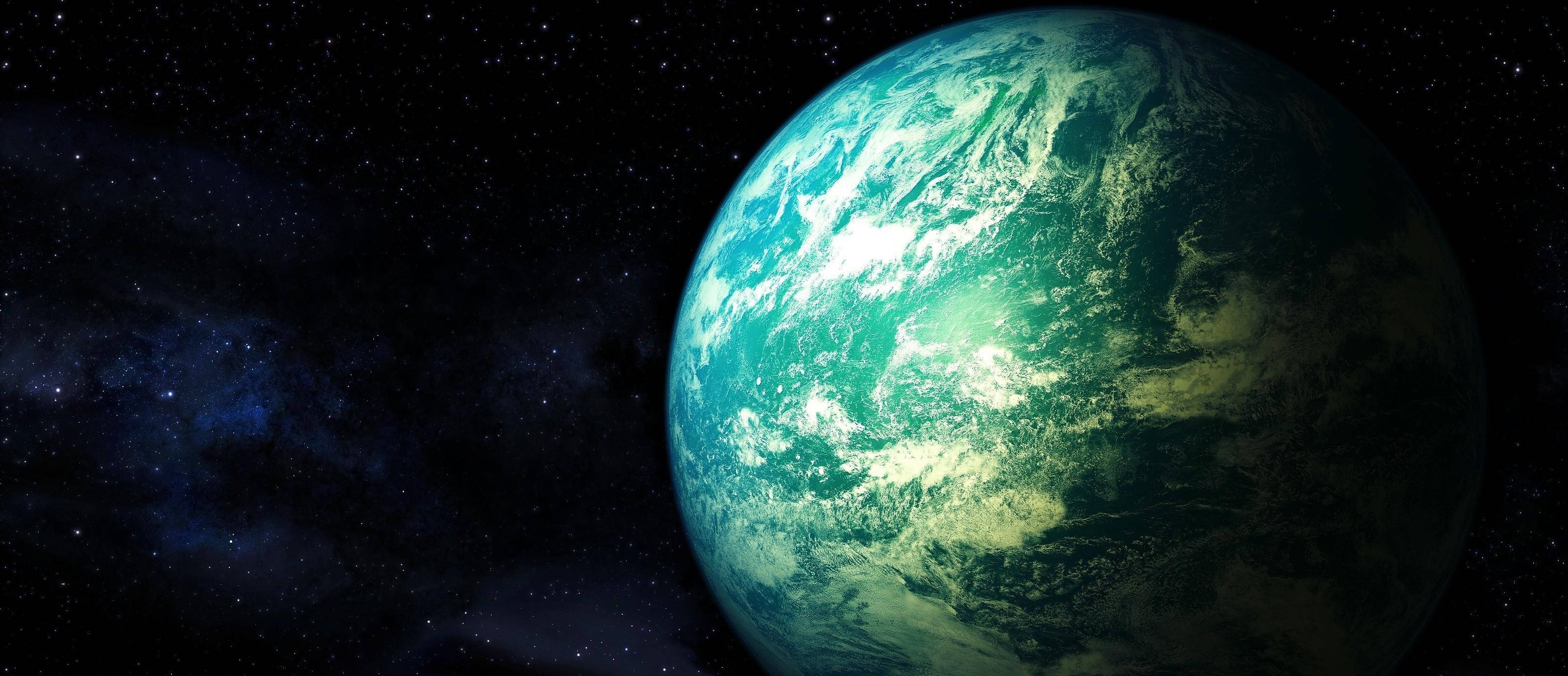 宇宙 桌布 壁紙 — 一顆充滿活力的綠色和藍色地球，在繁星點點的宇宙背景中，伴隨著旋轉的星雲，寧靜地漂浮著。