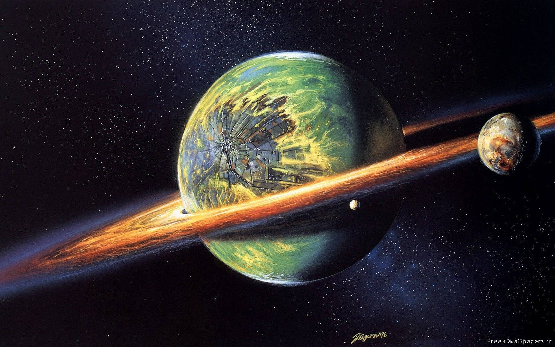土星 桌布 壁紙 — 一顆充滿活力的綠色行星，擁有巨大的環系統和一個較小的衛星，在佈滿星辰的宇宙中運行。