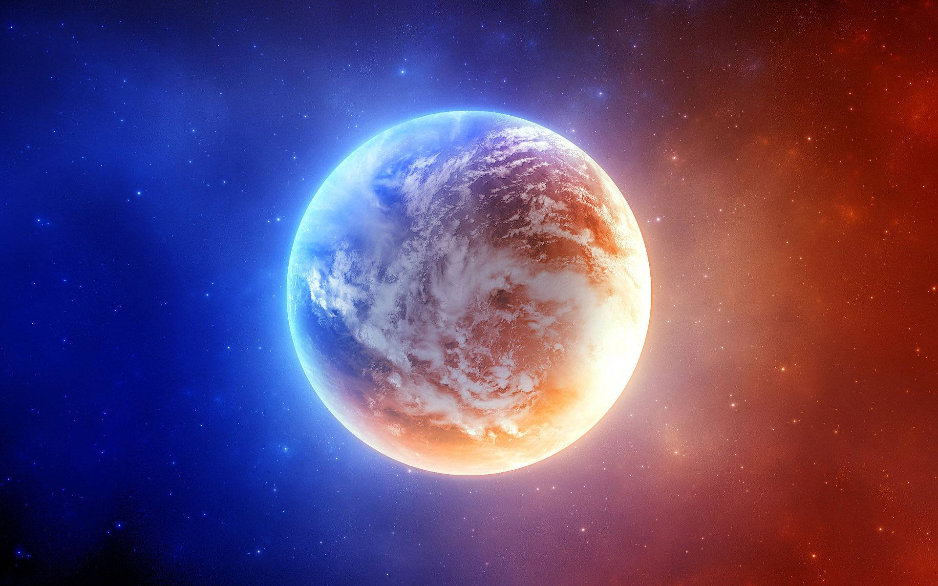 木星 桌布 壁紙 — 一顆充滿活力的藍色和橙色行星在繁星點點的宇宙背景下發光，周圍環繞著深藍色和火紅色的漩渦星雲。